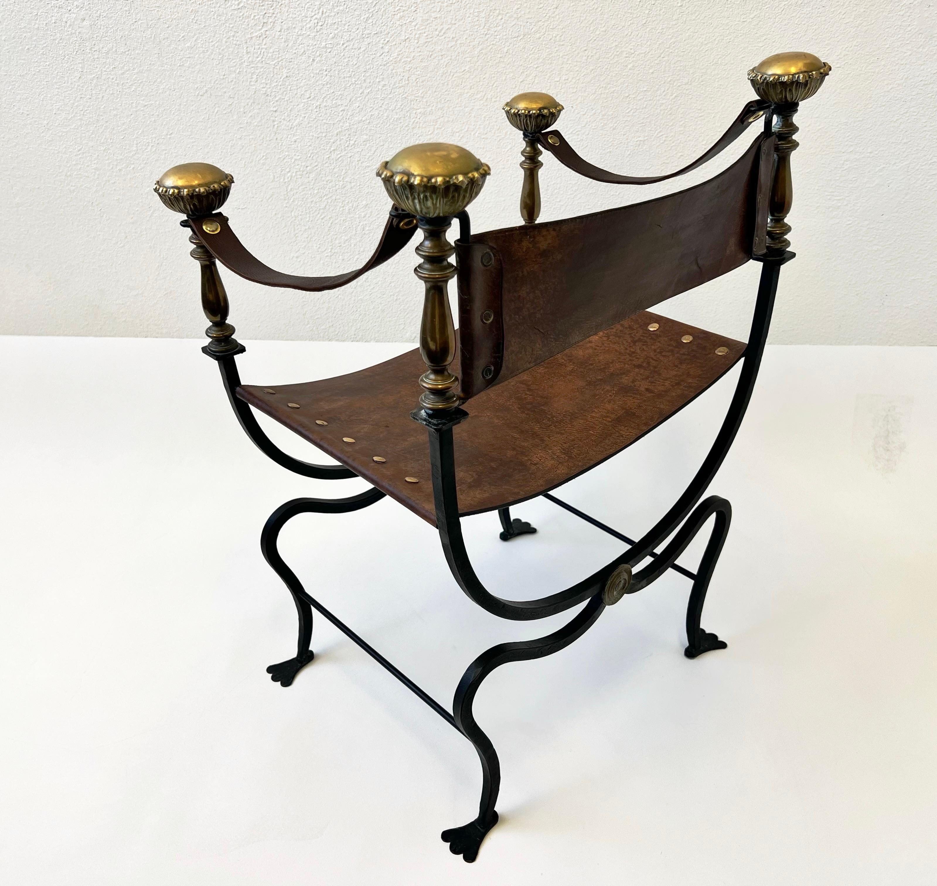 Lacquered Italian Leather and Iron with Decorative Brass Campaign Chair  For Sale