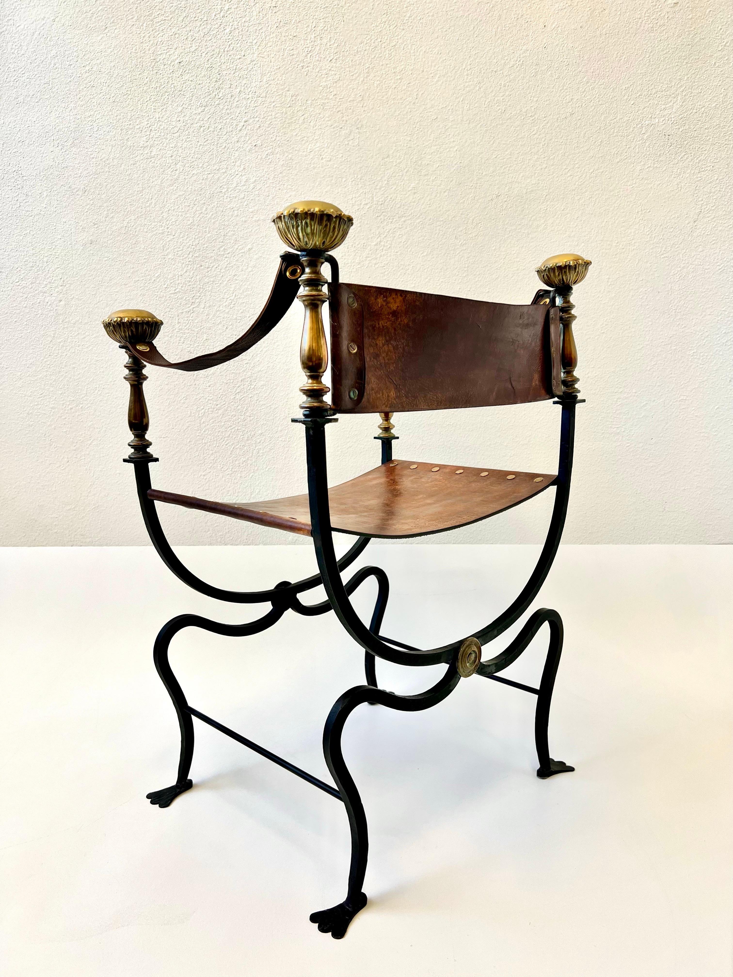 Italian Leather and Iron with Decorative Brass Campaign Chair  In Good Condition For Sale In Palm Springs, CA