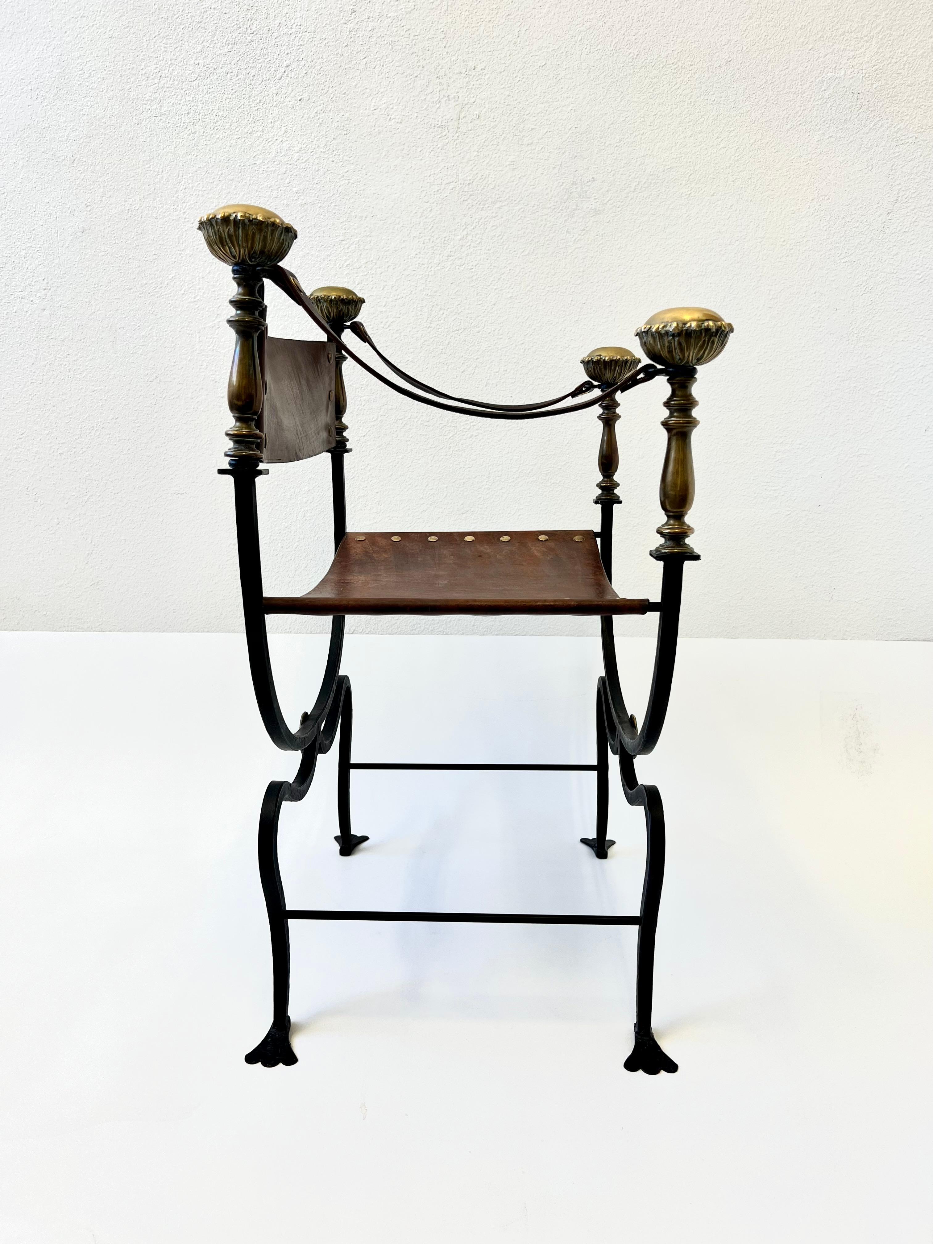 Mid-20th Century Italian Leather and Iron with Decorative Brass Campaign Chair  For Sale