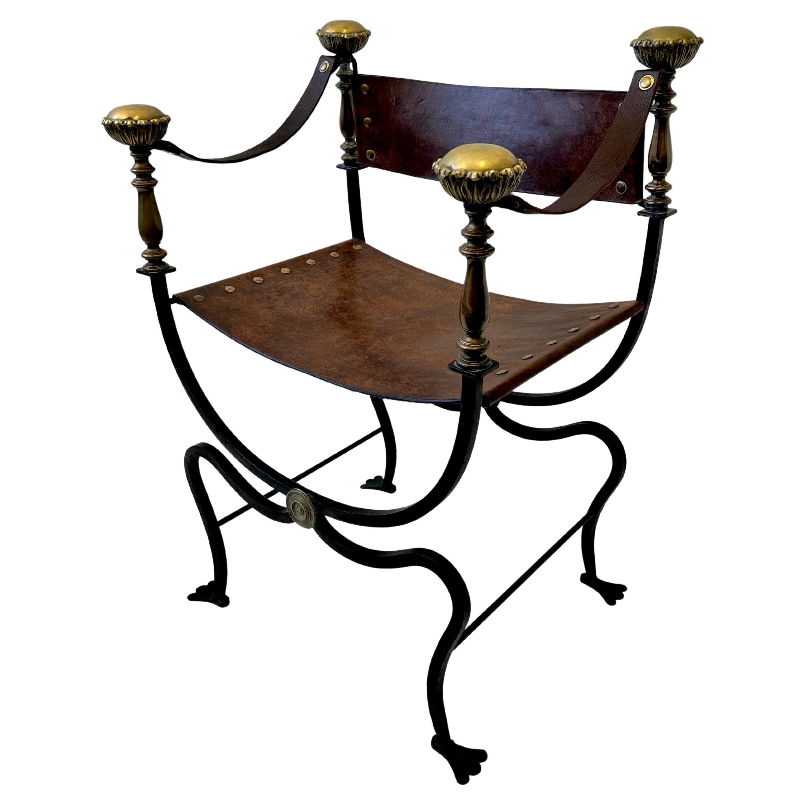 Italian Leather and Iron with Decorative Brass Campaign Chair  For Sale