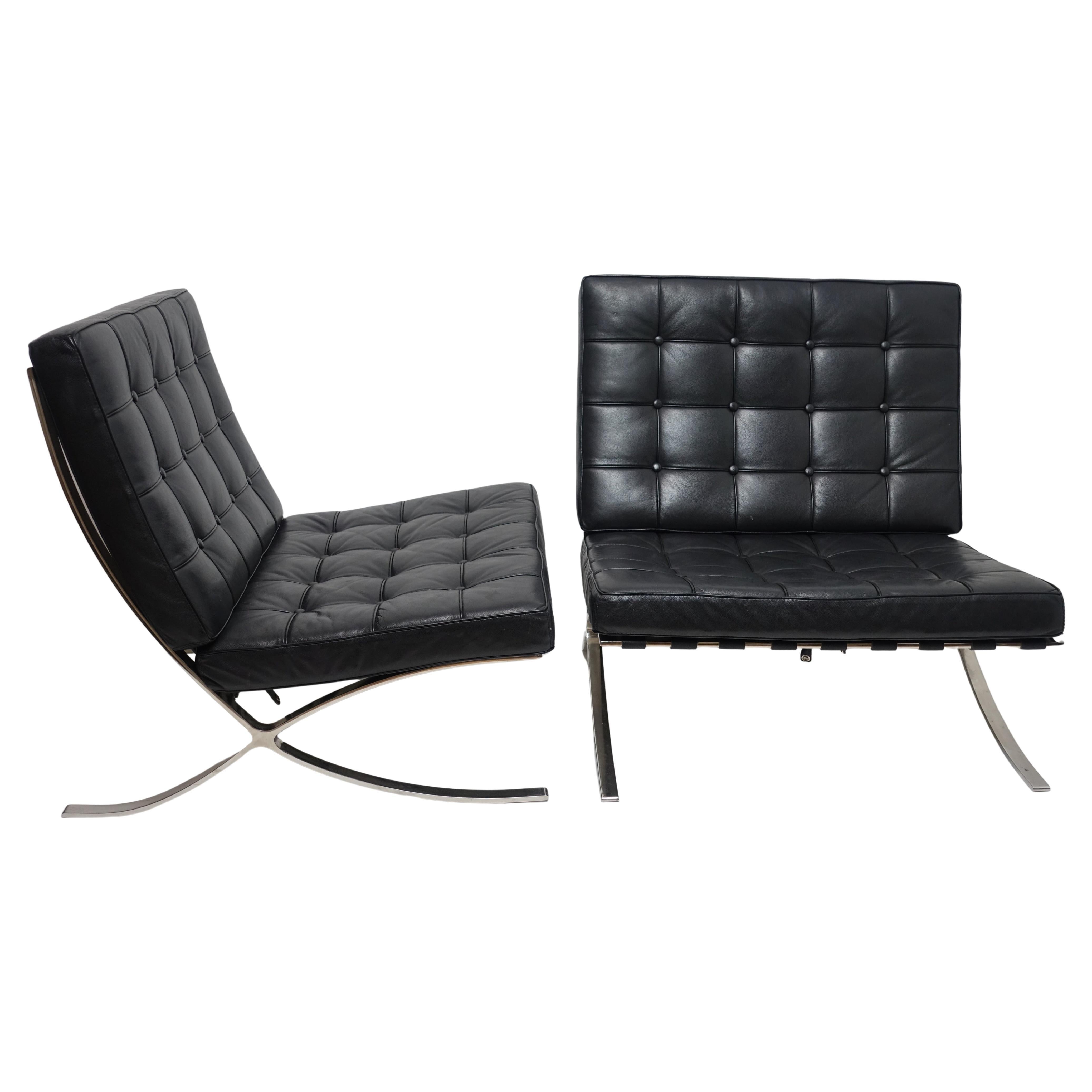 Italian Leather and Polished Steel Barcelona Lounge Chairs, Set of 4