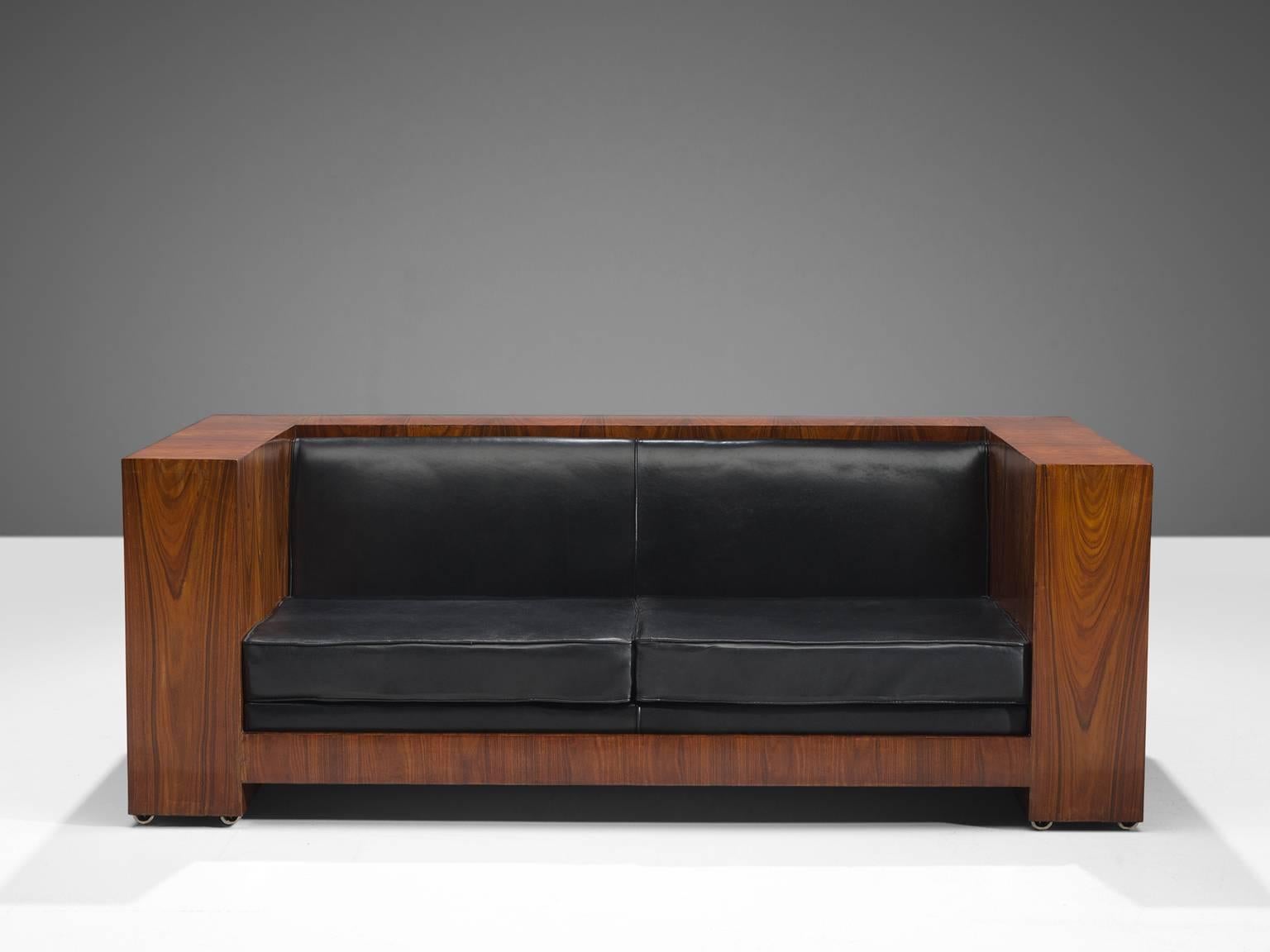 Mid-Century Modern Italian Leather and Rosewood Sofa