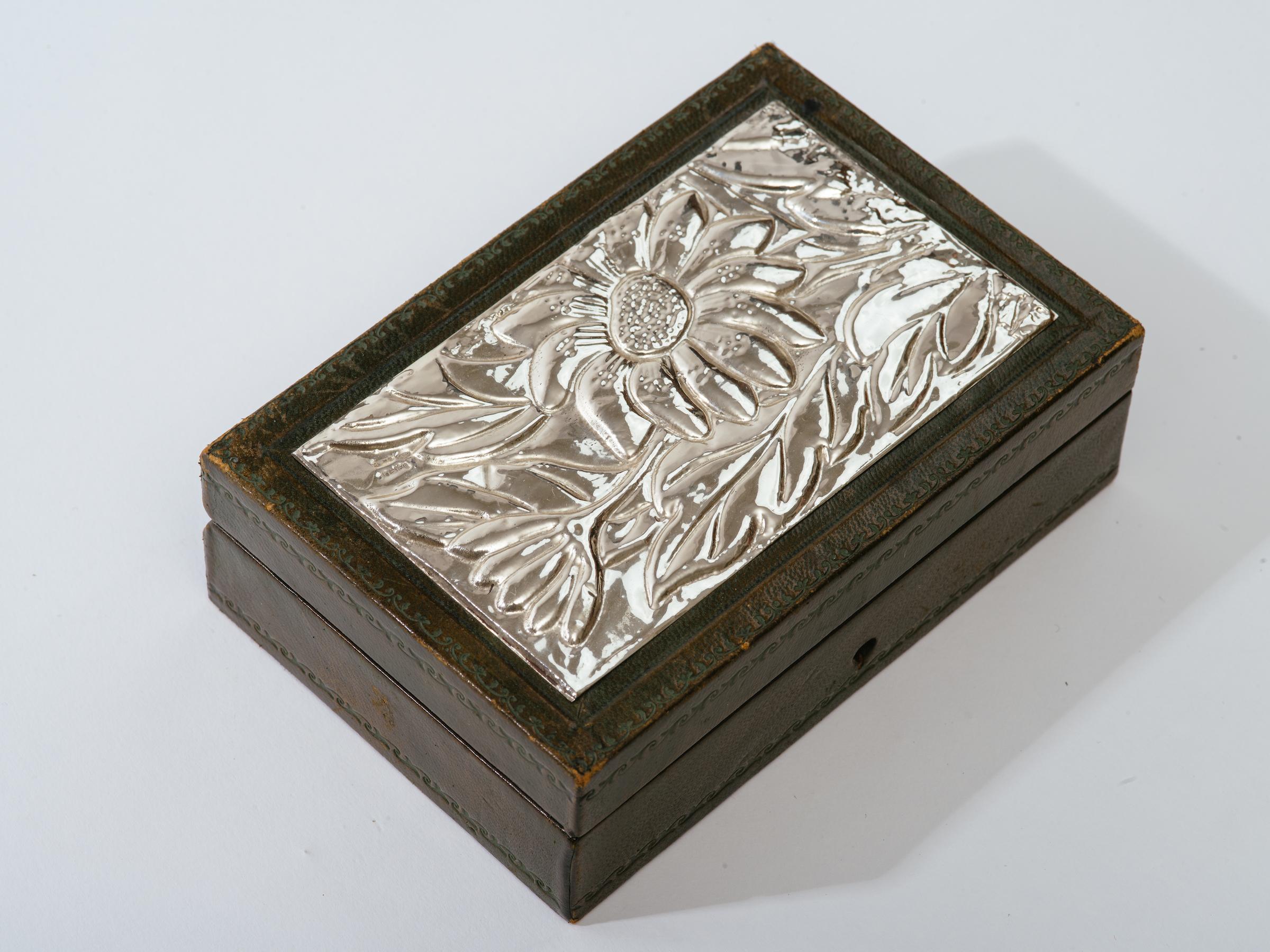 Art Deco Italian Leather and Silver Repousse Jewelery Box