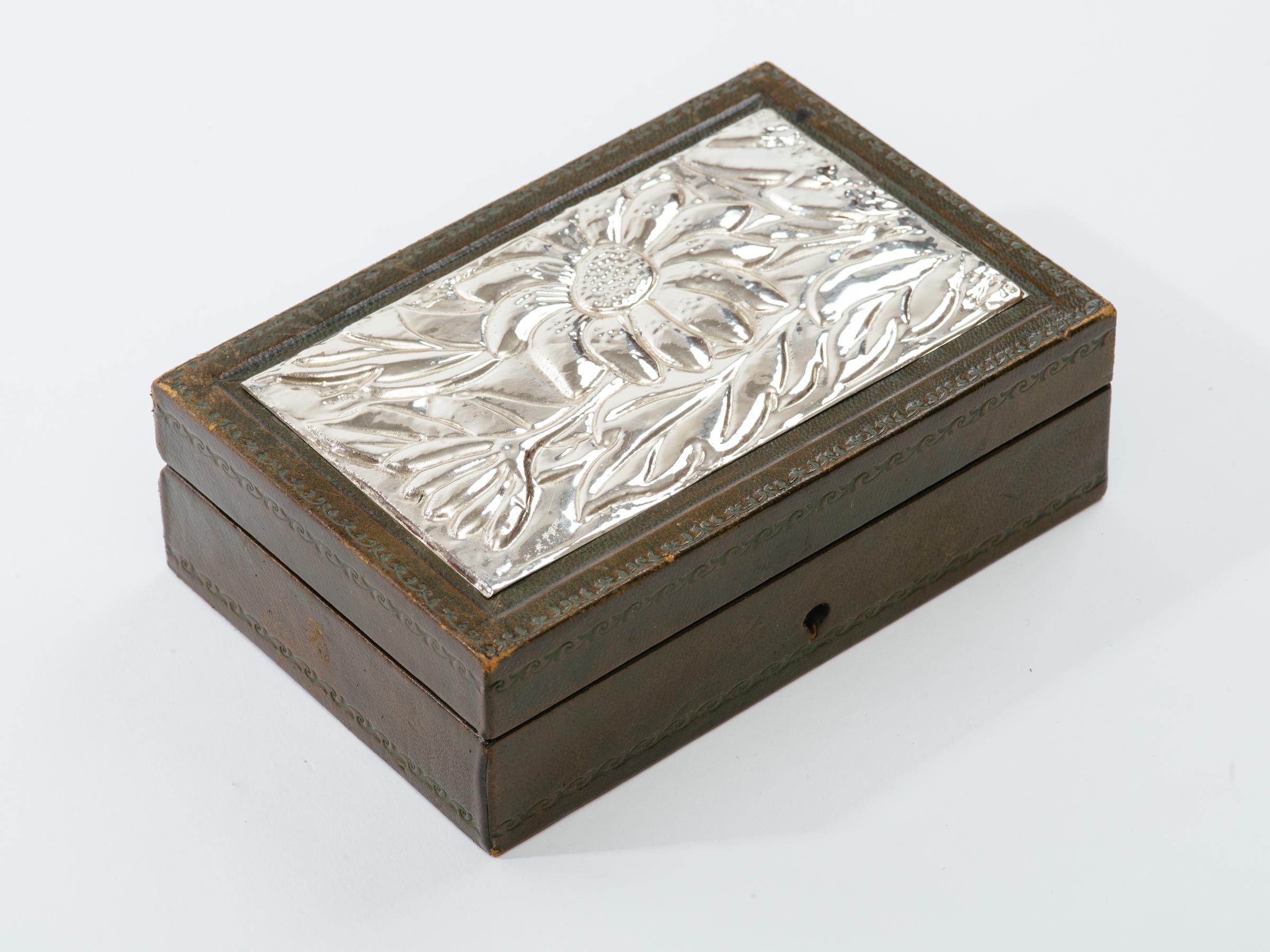 Repoussé Italian Leather and Silver Repousse Jewelery Box For Sale