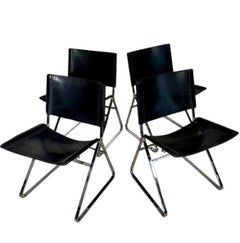 Italian Leather and Stainless Steel Dining Chairs, Italy 1970