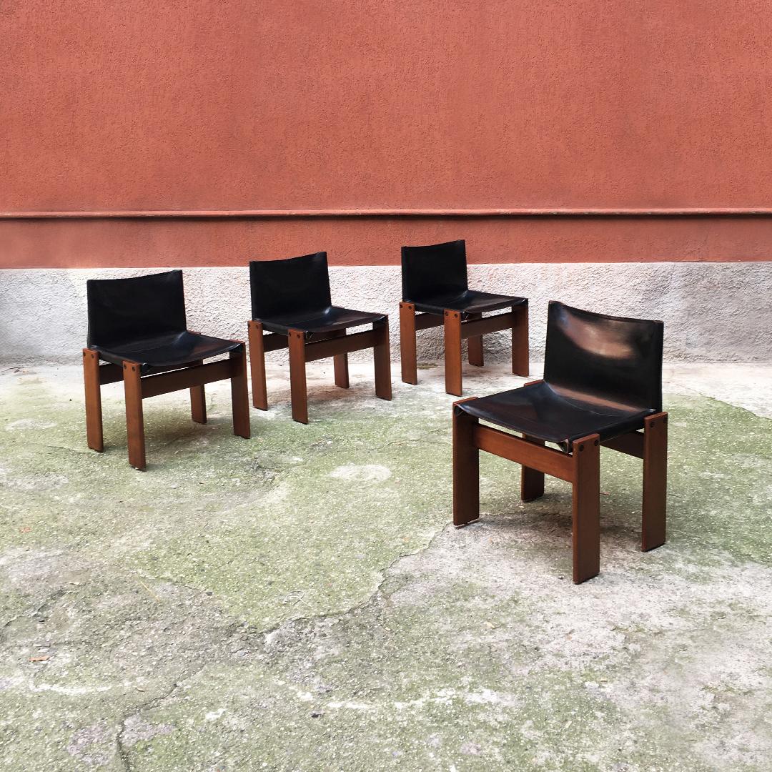 Italian leather and walnut Monk chairs by Afra & Tobia Scarpa for Molteni, 1970s
Set of six Monk chairs with structure in solid walnut and seat and back in black leather. 
Project by Afra and Tobia Scarpa for Molteni, 1970s
 
Very good