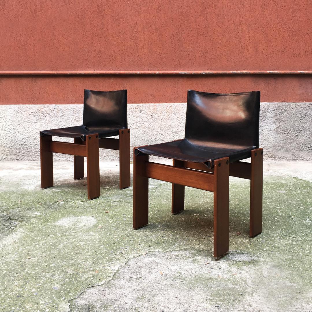 Mid-Century Modern Italian Leather and Walnut Monk Chairs by Afra & Tobia Scarpa for Molteni, 1970s