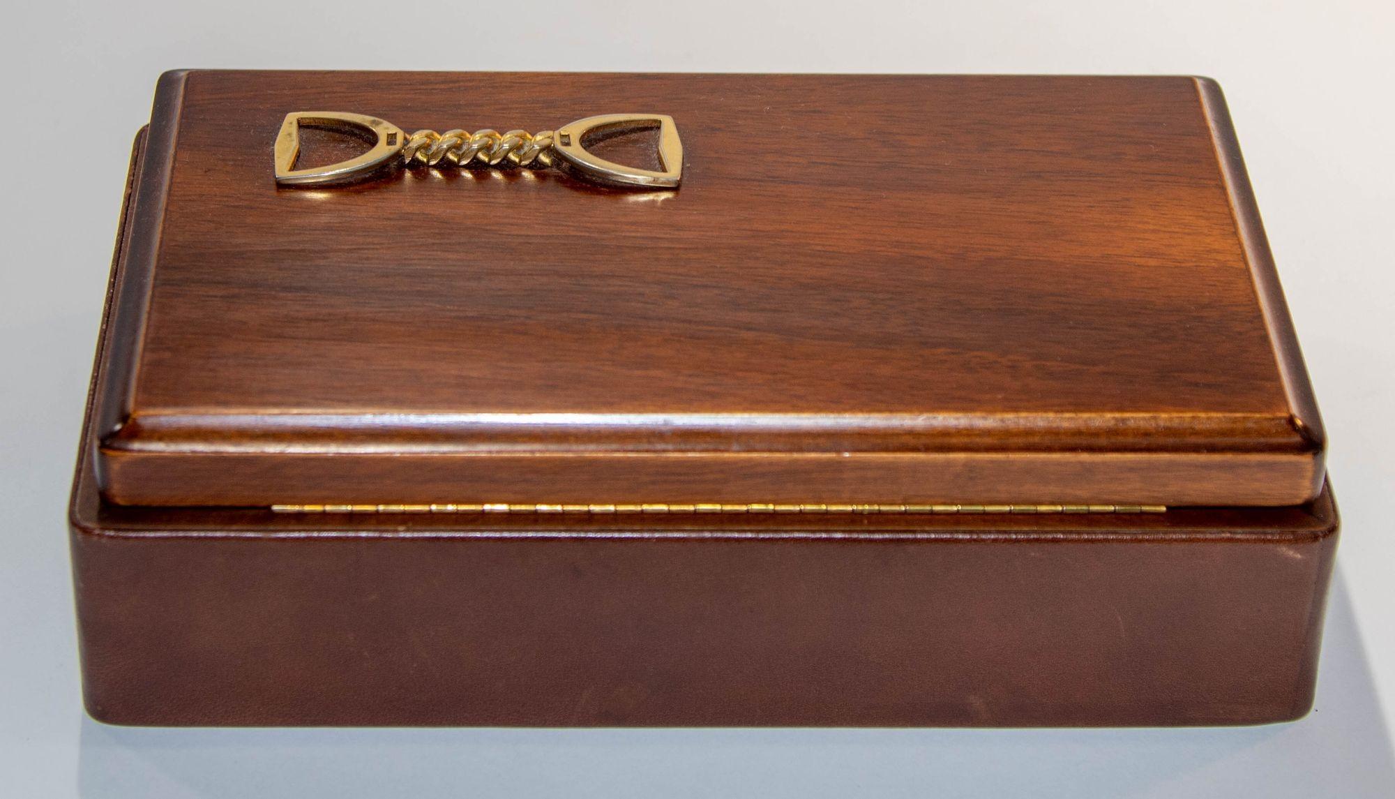 Italian Leather and Wood Jewelry Vanity Box with Stirrup Horse Brass Chain 5