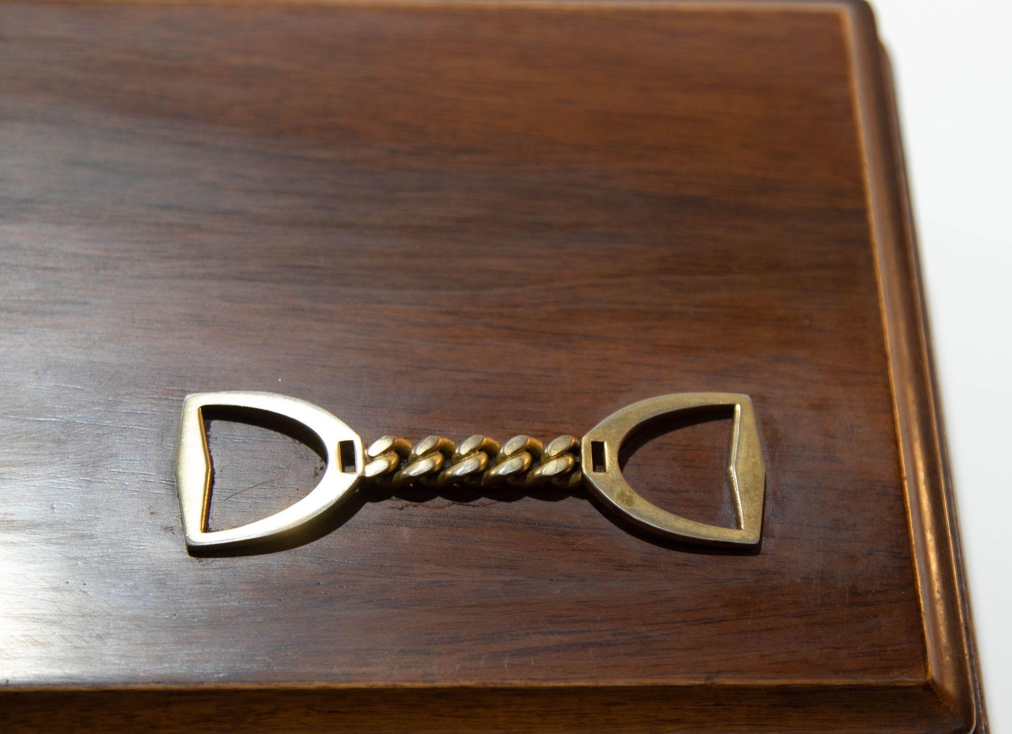 20th Century Italian Leather and Wood Jewelry Vanity Box with Stirrup Horse Brass Chain