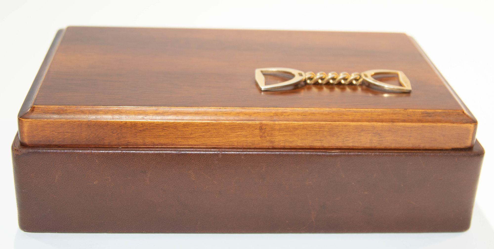 Italian Leather and Wood Jewelry Vanity Box with Stirrup Horse Brass Chain 1
