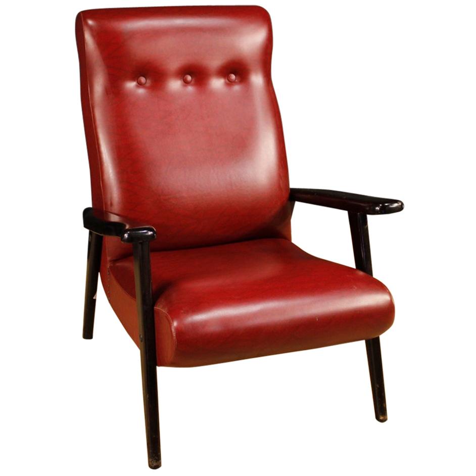 Italian Leather Armchair in Red Imitation Leather, 20th Century For Sale