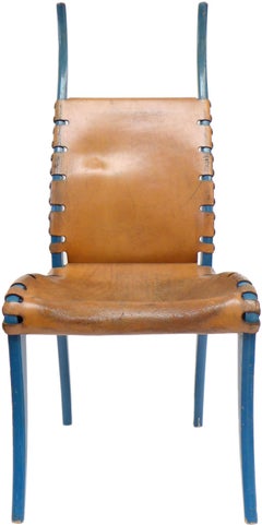 Italian Leather and Blue-Lacquered Wood "Horn" Chair