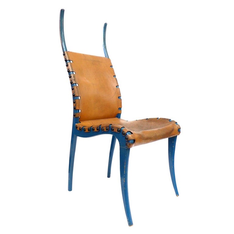 Italian Leather and Blue-Lacquered Wood "Horn" Chair For Sale