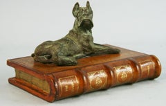 Italian Leather Book Box with Brass Boxer Dog Sculpture