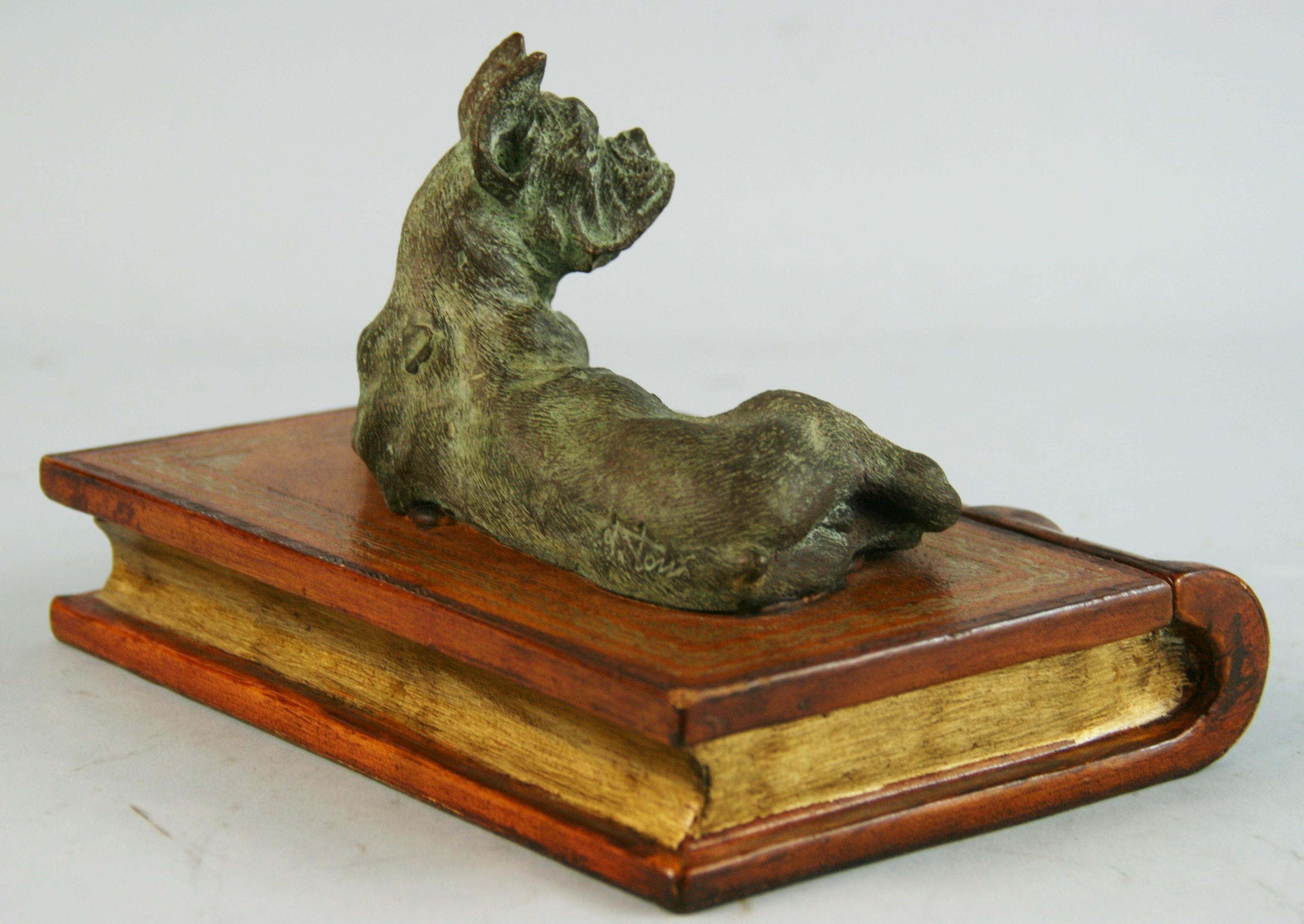 Late 20th Century Italian Leather Book Box with Brass Boxer Dog Sculpture