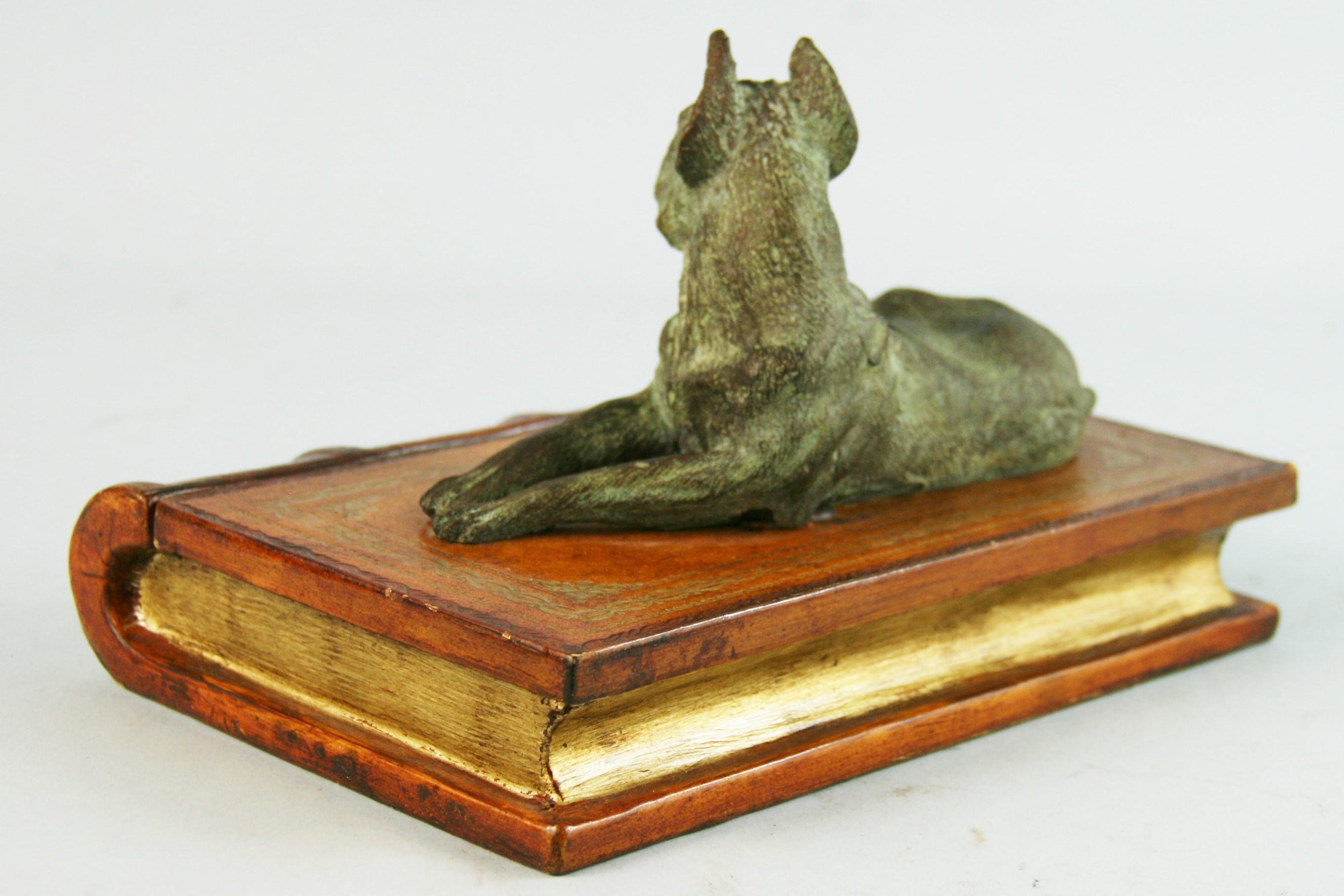 Italian Leather Book Box with Brass Boxer Dog Sculpture 1