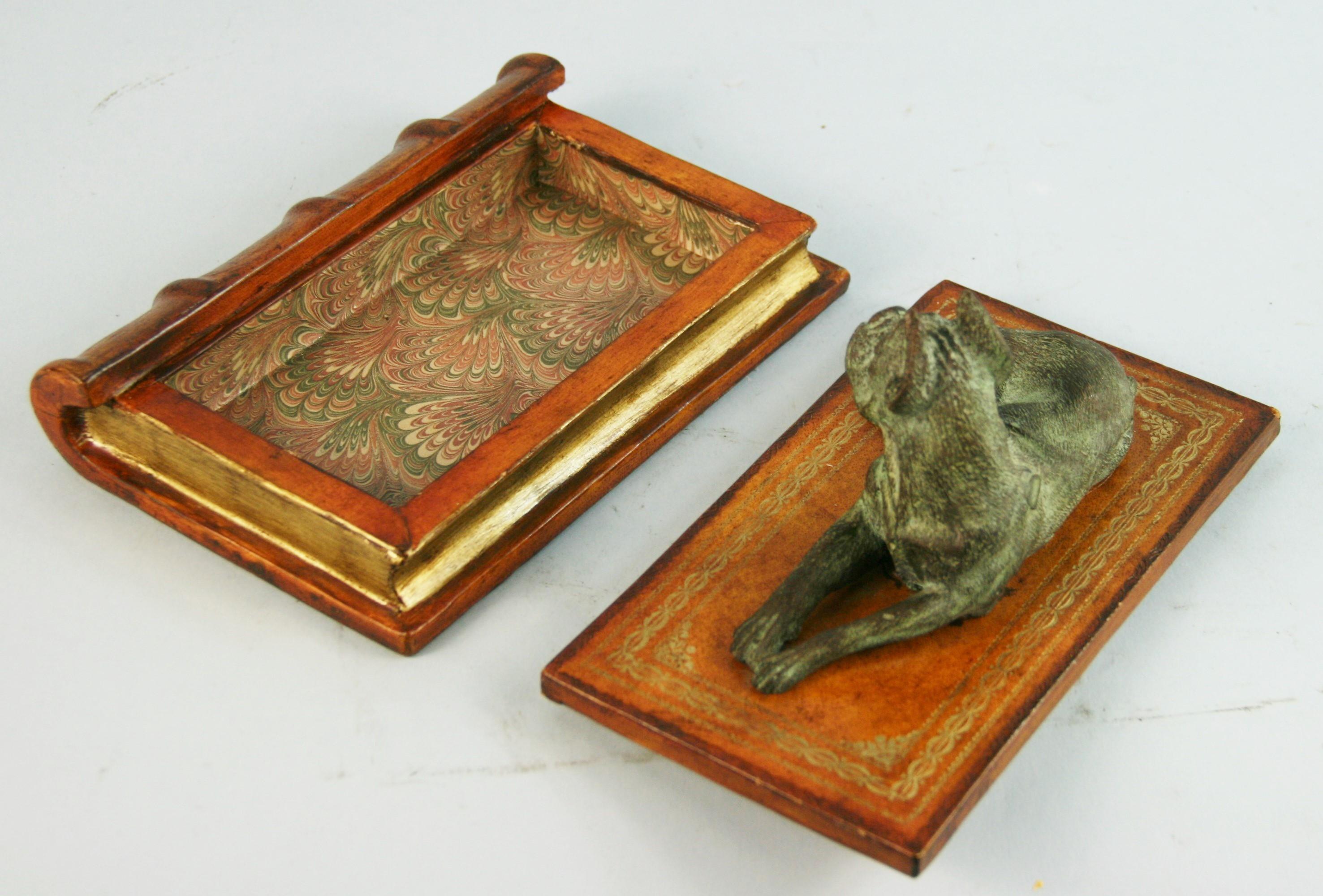 Italian Leather Book Box with Brass Boxer Dog Sculpture 2