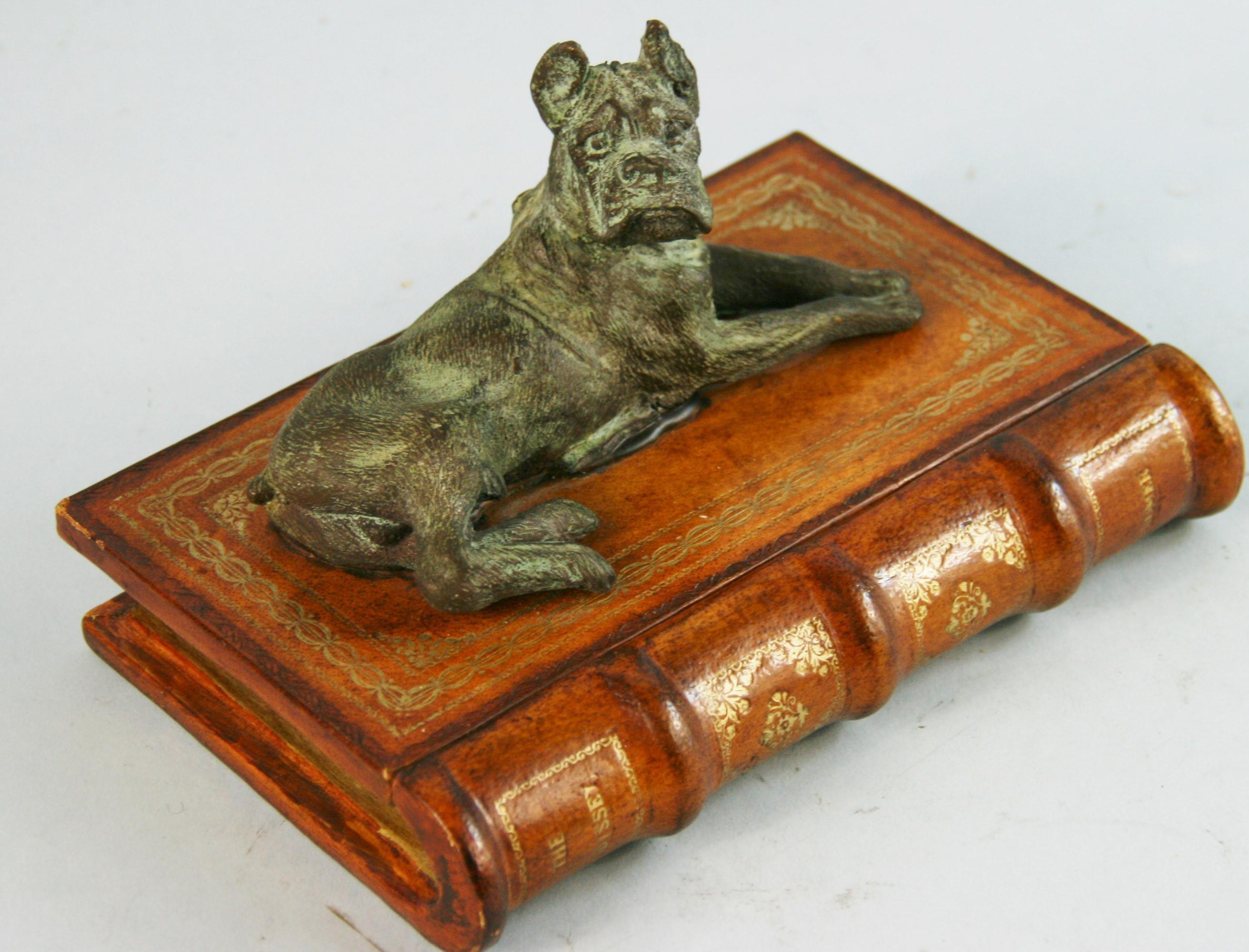 Italian Leather Book Box with Brass Boxer Dog Sculpture 3