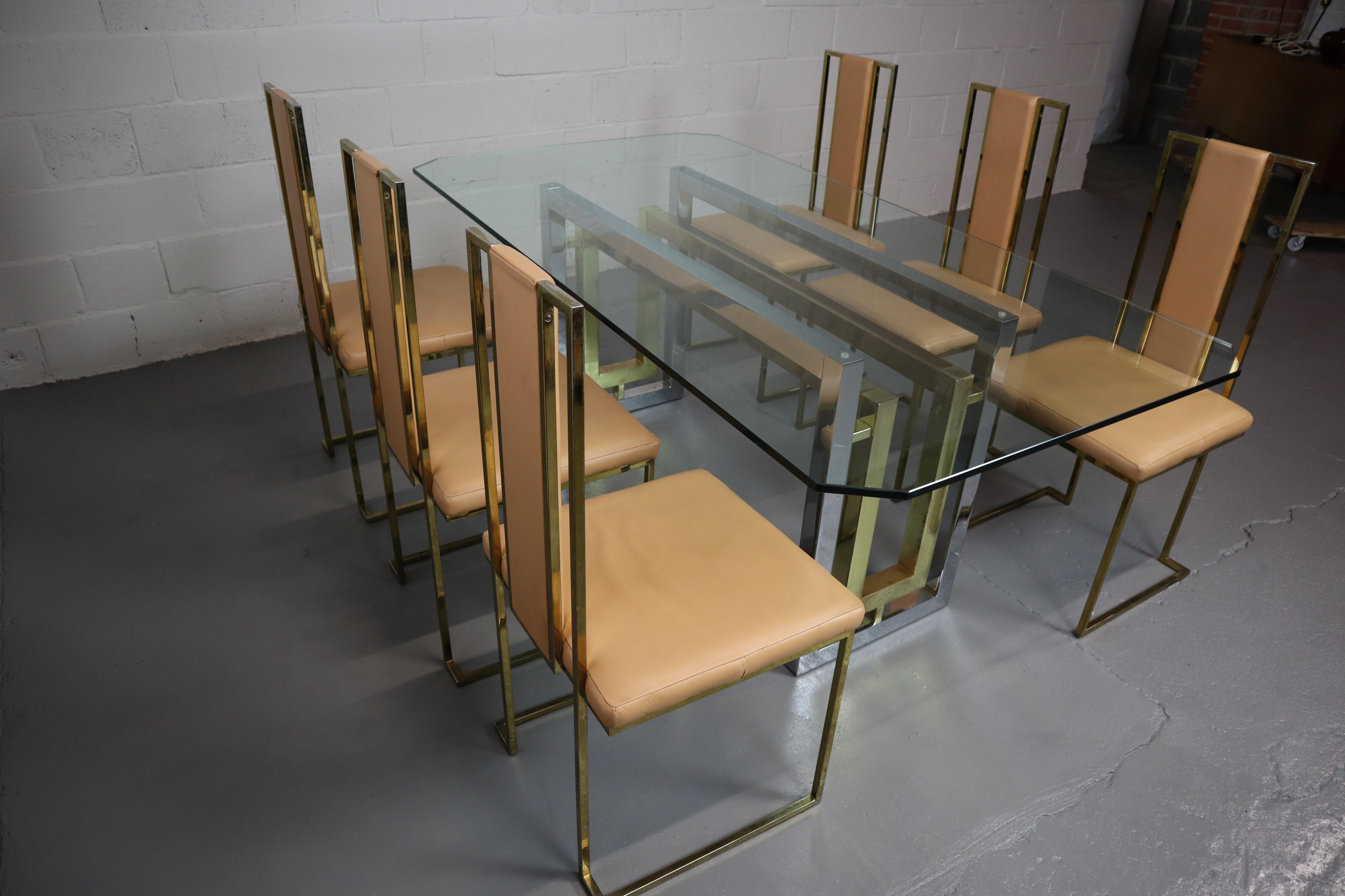 Italian leather, brass and glass dining set by Renato Zevi, 1970's For Sale 13