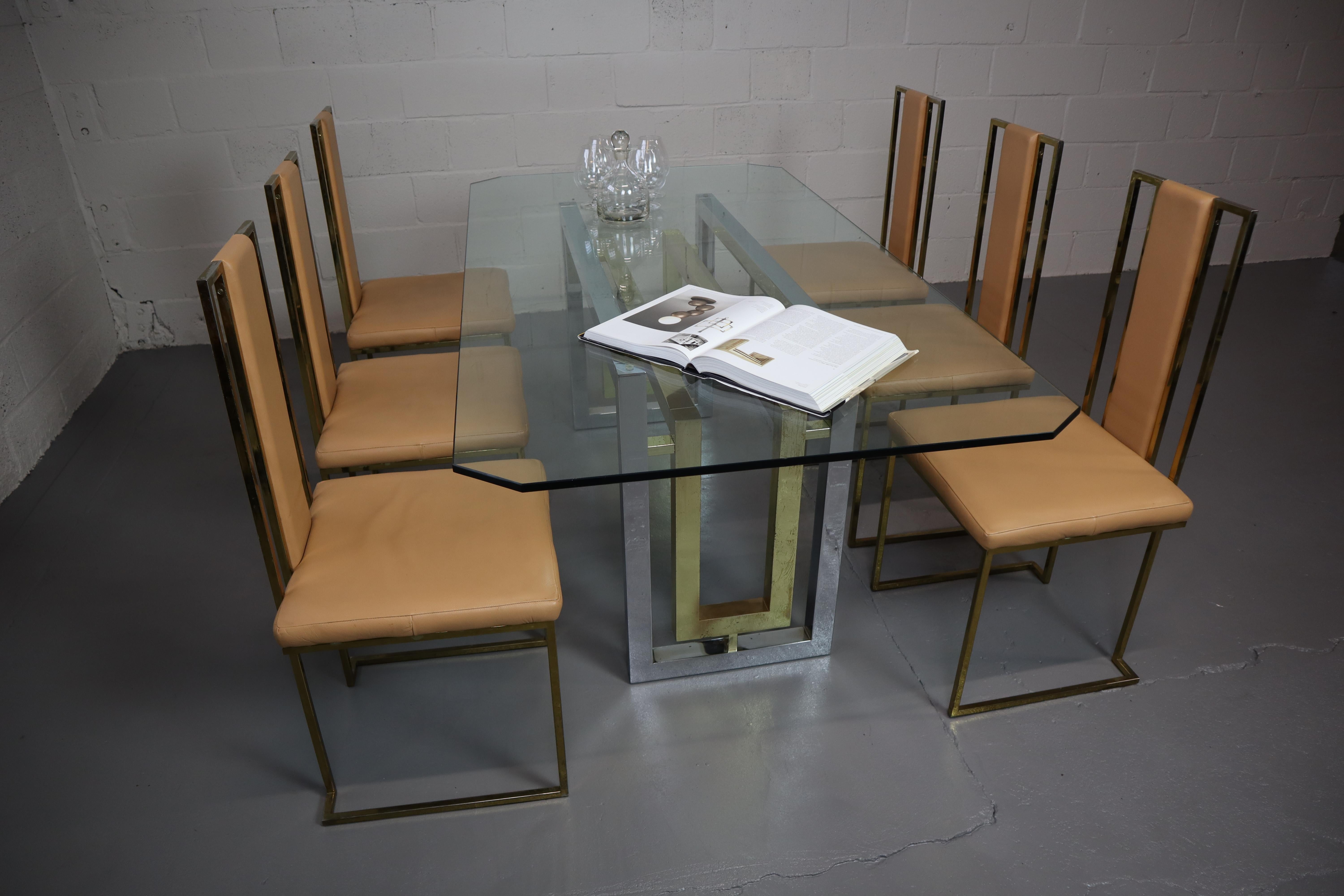 Italian leather, brass and glass dining set by Renato Zevi, 1970's In Fair Condition For Sale In Langemark-Poelkapelle, BE
