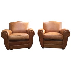 Italian Leather Club Chairs with Studded Back
