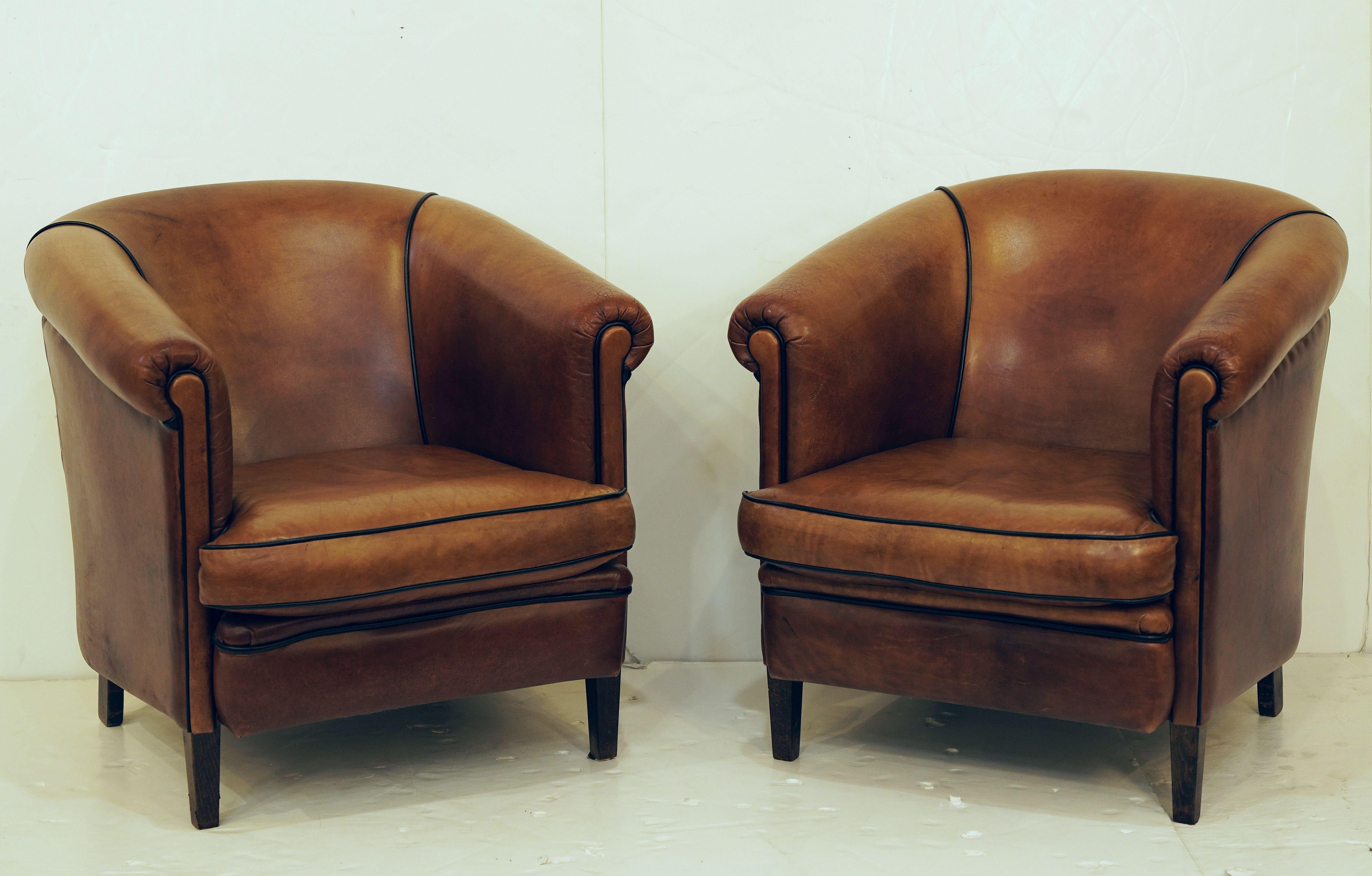 Italian Leather Club or Lounge Chairs from the Art Deco Era - Two Available In Good Condition In Austin, TX