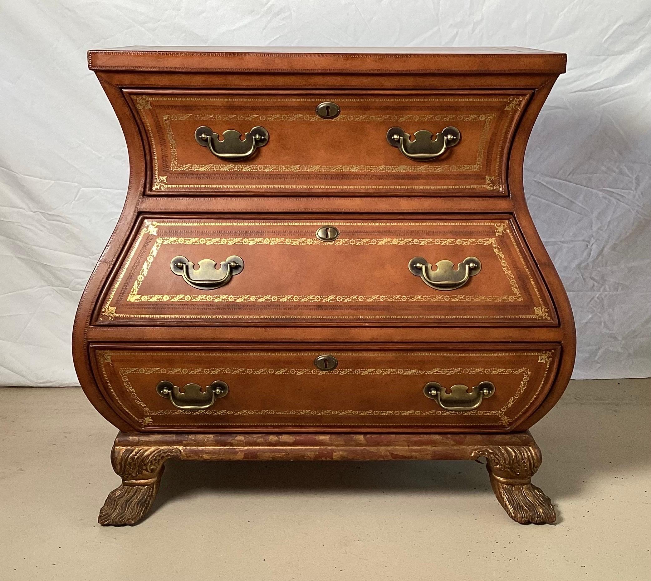 Italian Leather Covered Bombe Chest In Excellent Condition For Sale In Lambertville, NJ