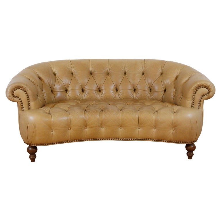Italian Leather Curved Back Tufted Sofa For Sale at 1stDibs