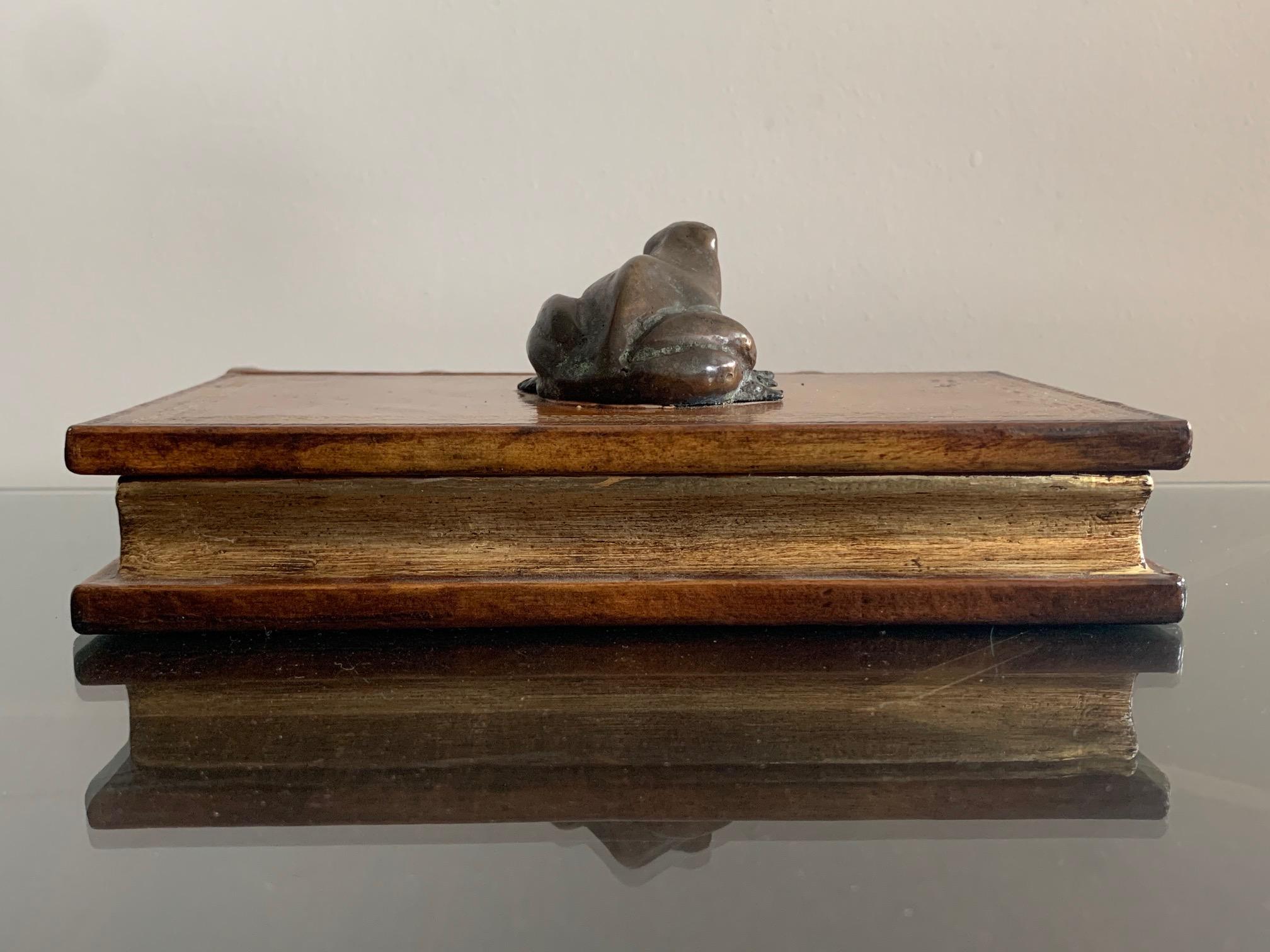 Mid-20th Century Italian Leather Faux Book Box with Bronze Frog