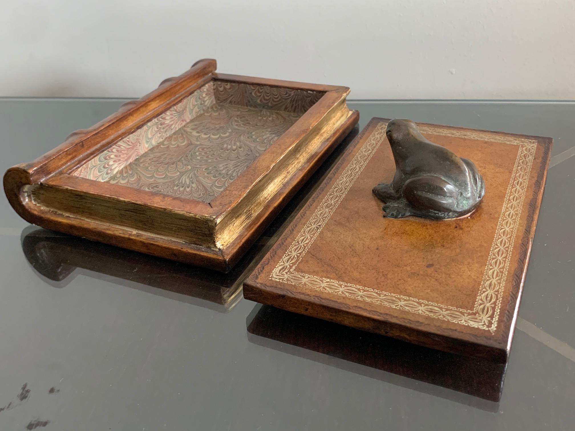 Italian Leather Faux Book Box with Bronze Frog 1