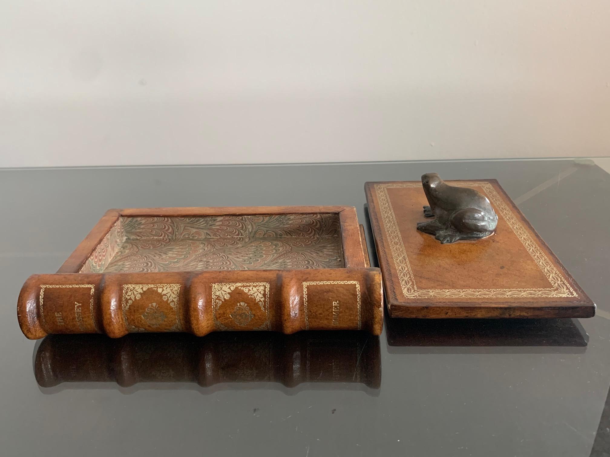 Italian Leather Faux Book Box with Bronze Frog 4
