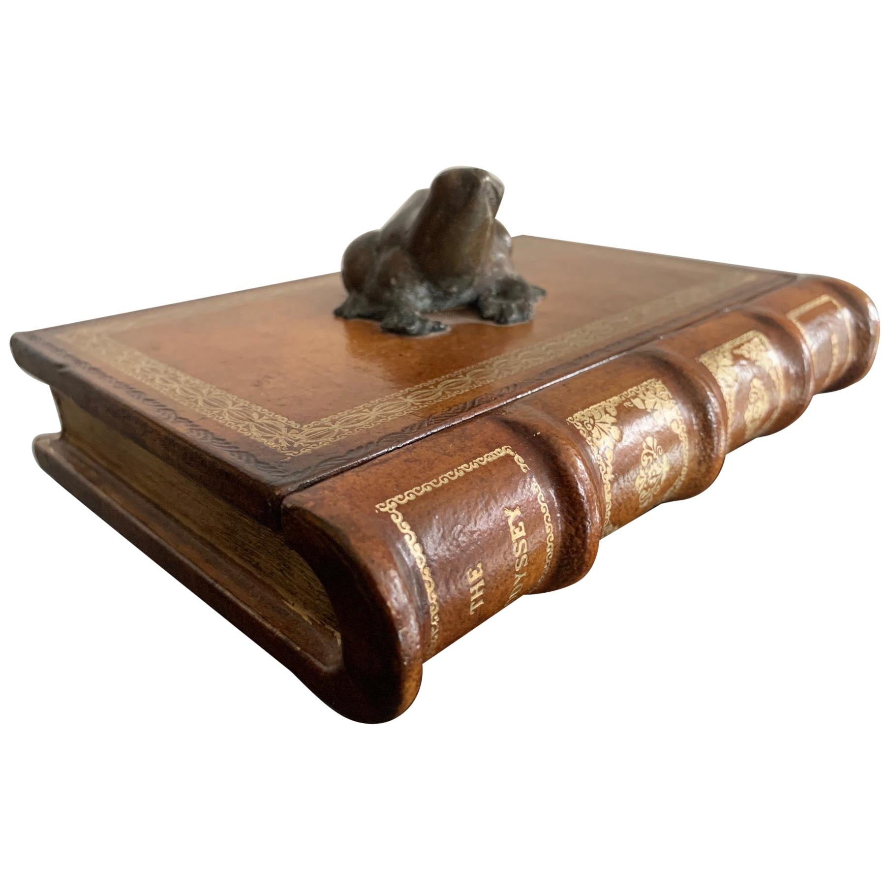 Italian Leather Faux Book Box with Bronze Frog