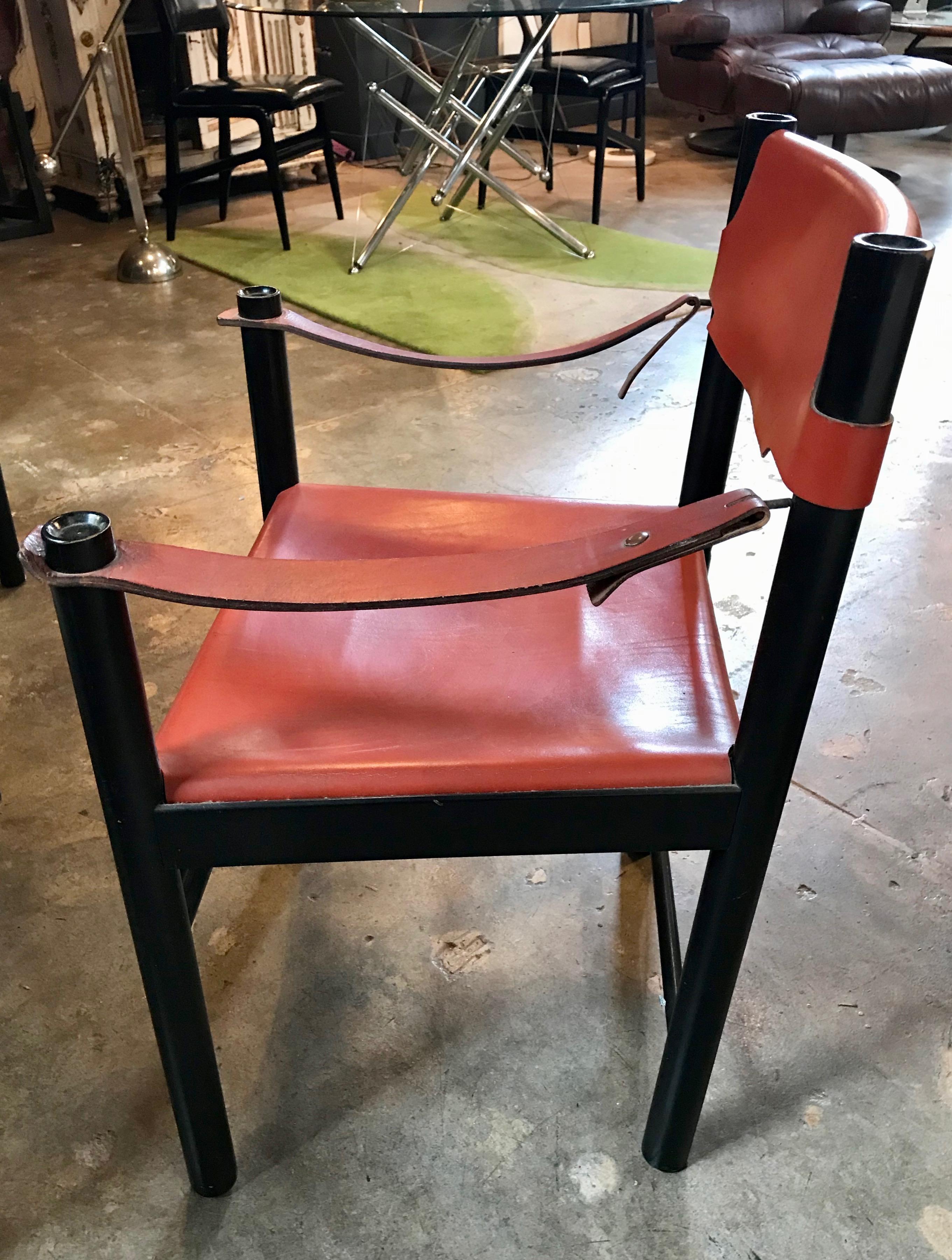 Italian Leather Game Dining Table with Set Black Chairs in Brown Leather, 1960s 5