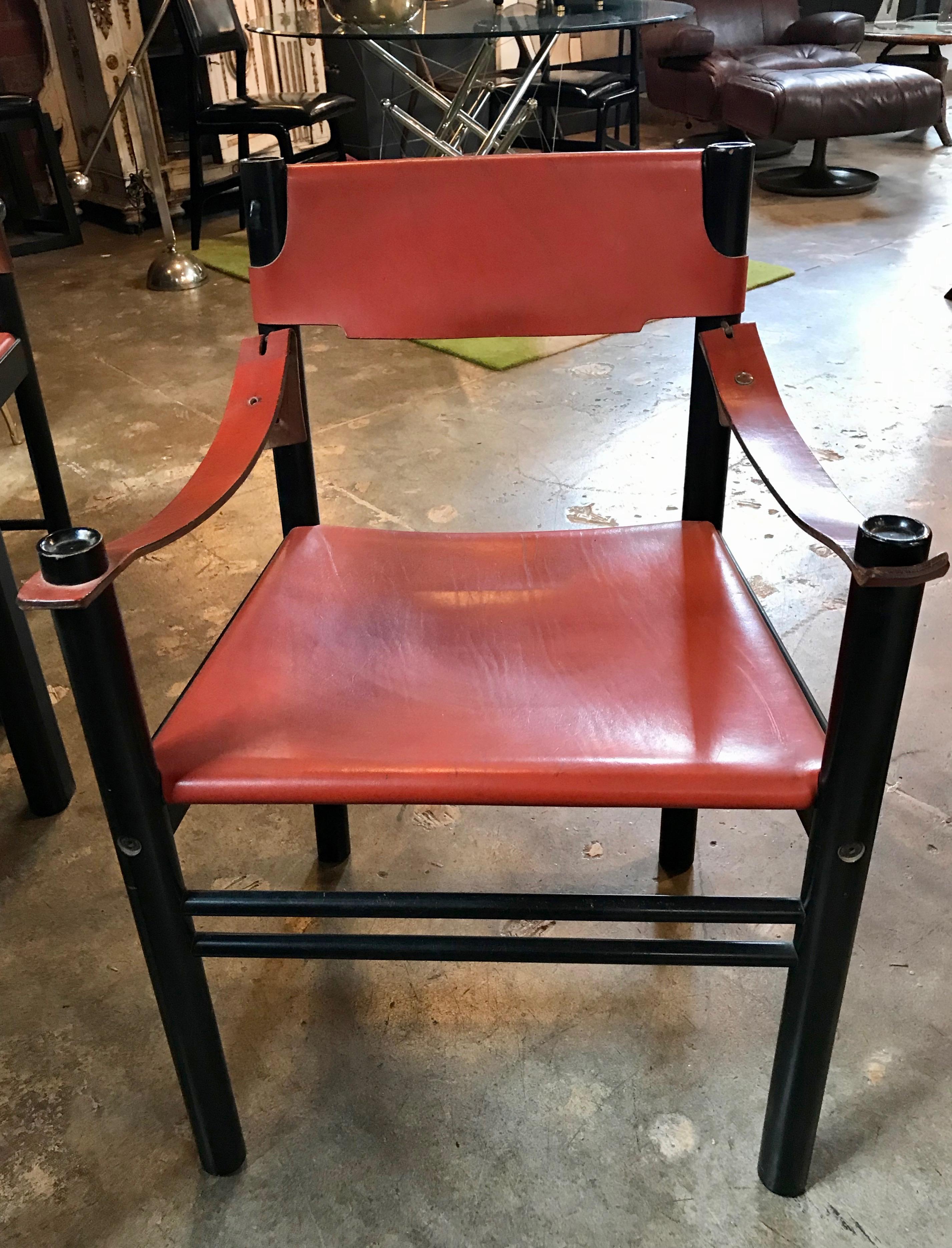 Italian Leather Game Dining Table with Set Black Chairs in Brown Leather, 1960s 6