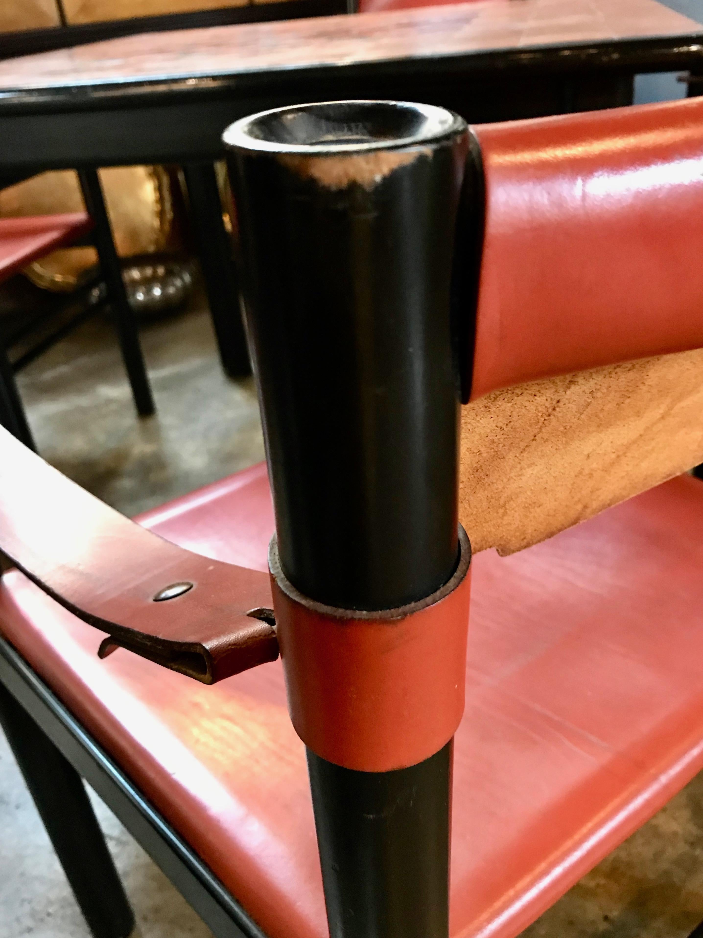 Italian Leather Game Dining Table with Set Black Chairs in Brown Leather, 1960s 8