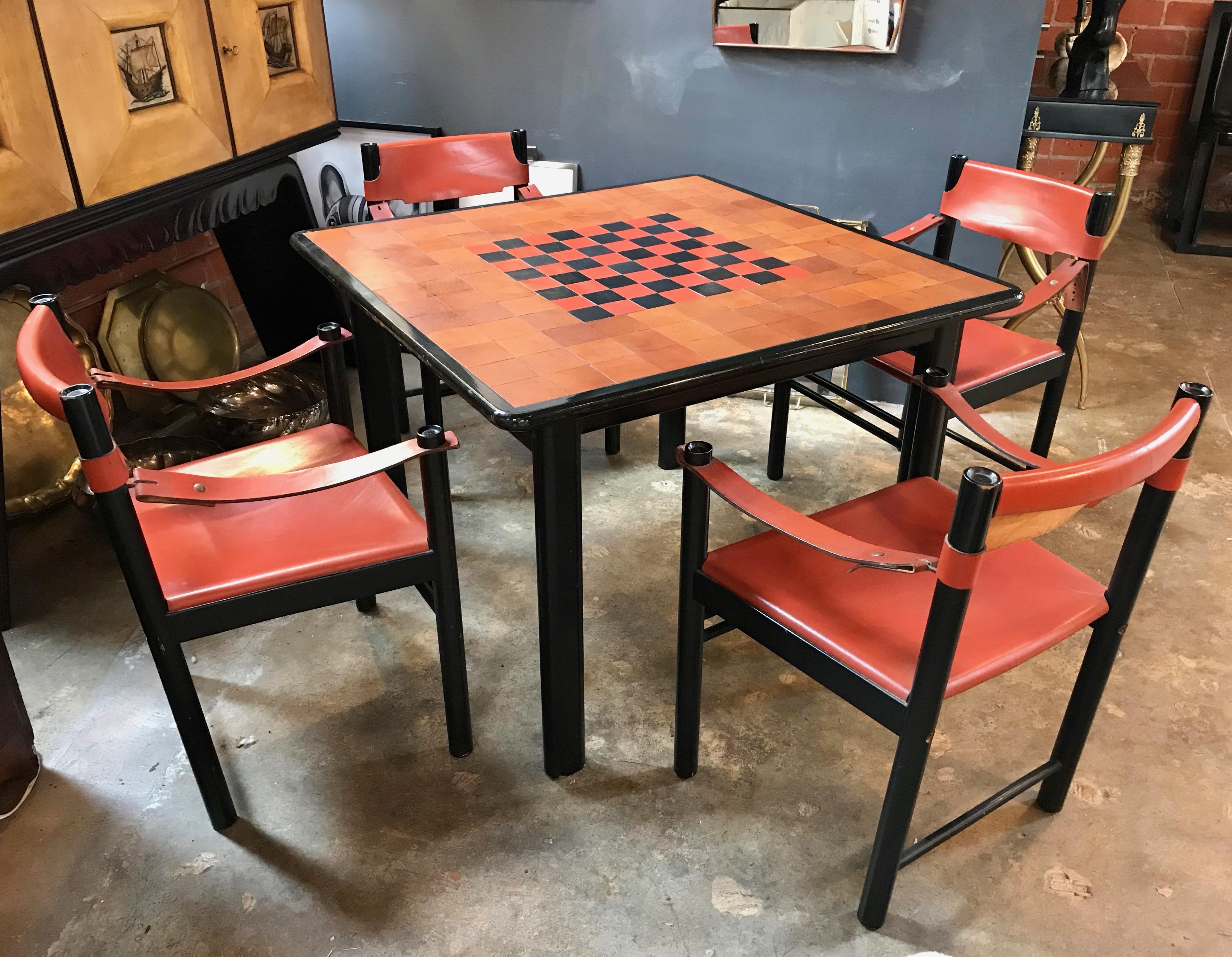 Italian leather game dining table with set black chairs in brown leather, 1960s
Marked 