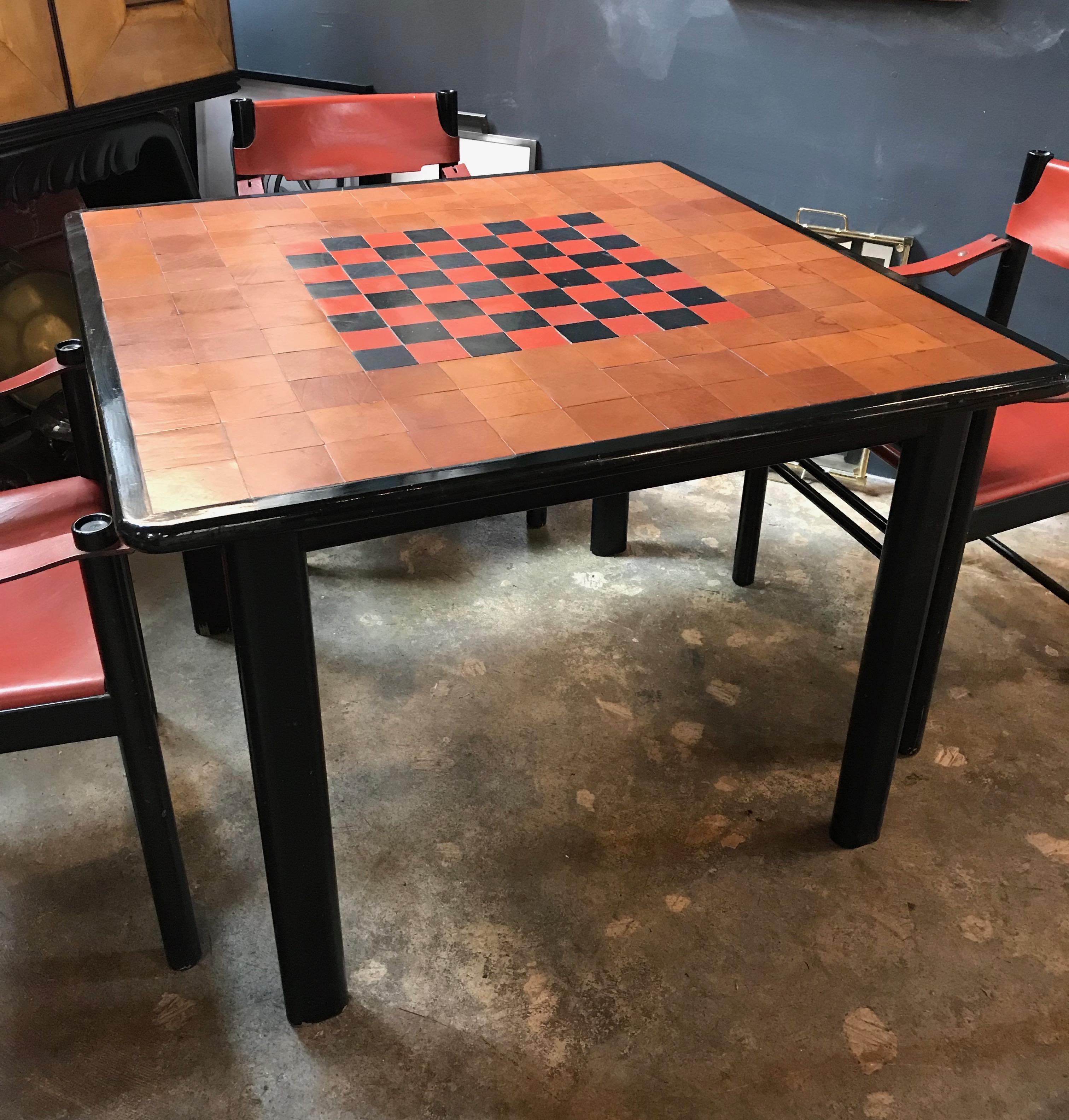 Mid-Century Modern Italian Leather Game Dining Table with Set Black Chairs in Brown Leather, 1960s