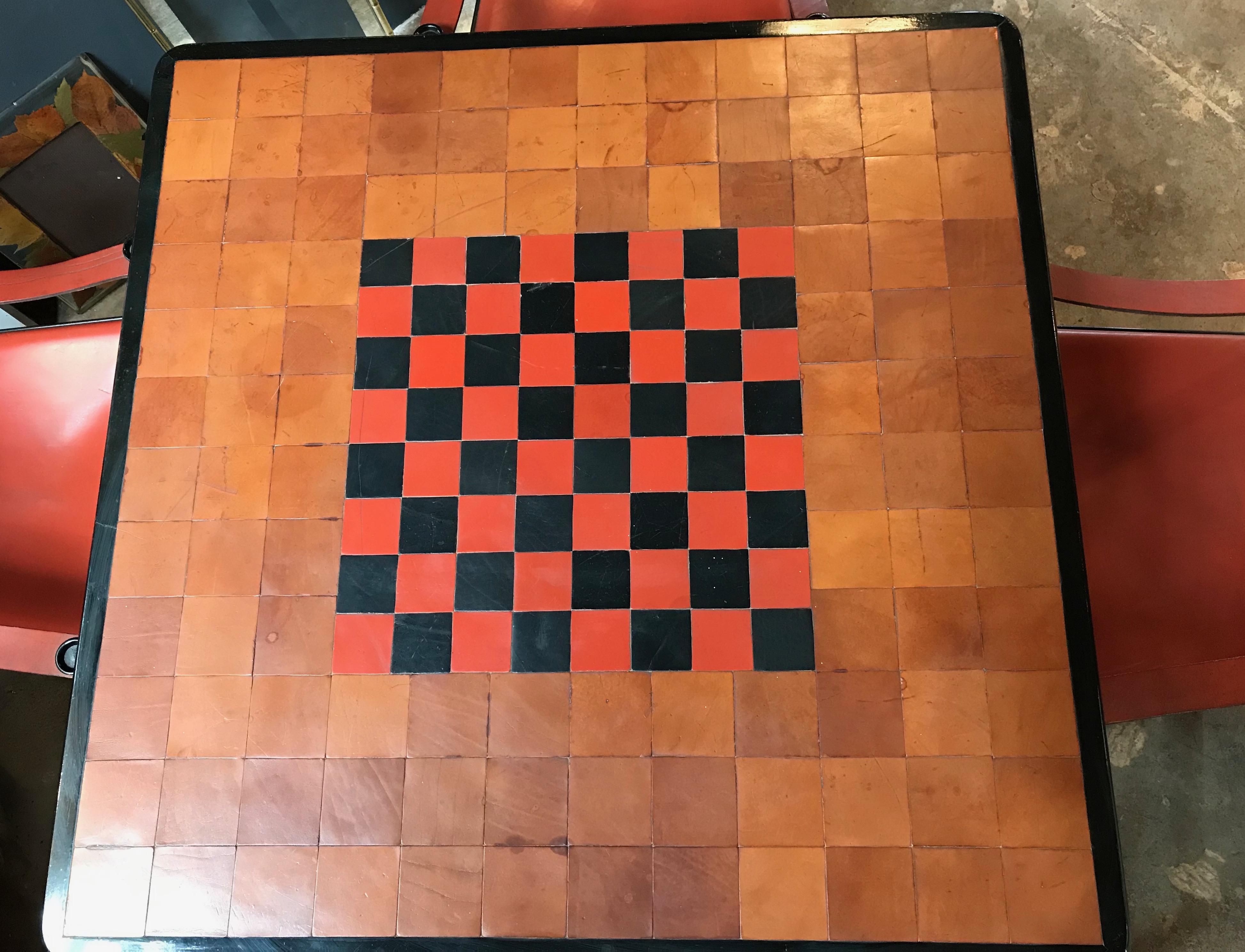 Italian Leather Game Dining Table with Set Black Chairs in Brown Leather, 1960s In Excellent Condition In Los Angeles, CA