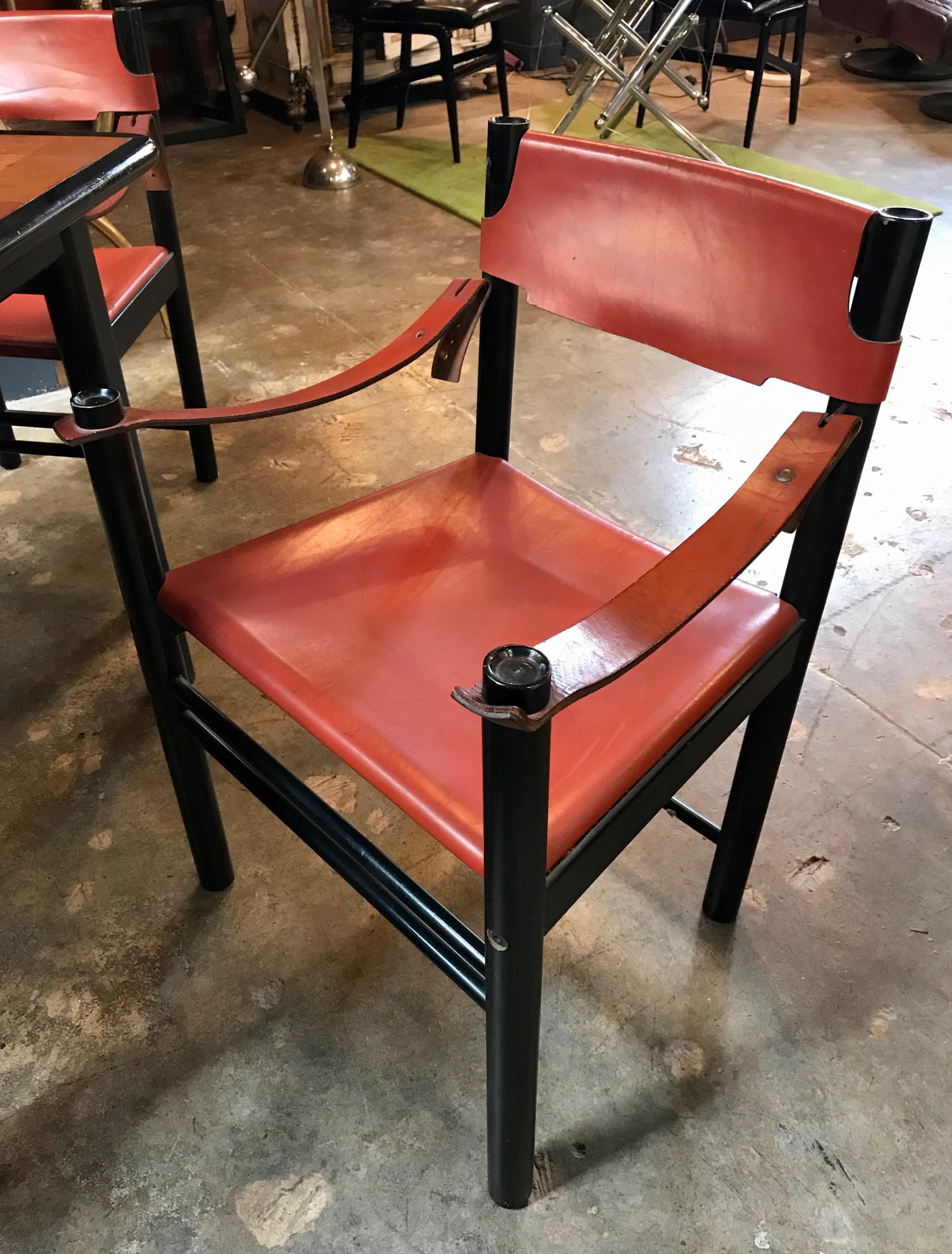 Italian Leather Game Dining Table with Set Black Chairs in Brown Leather, 1960s 2