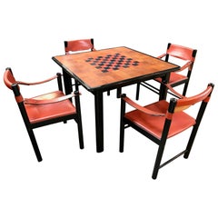 Italian Leather Game Dining Table with Set Black Chairs in Brown Leather, 1960s