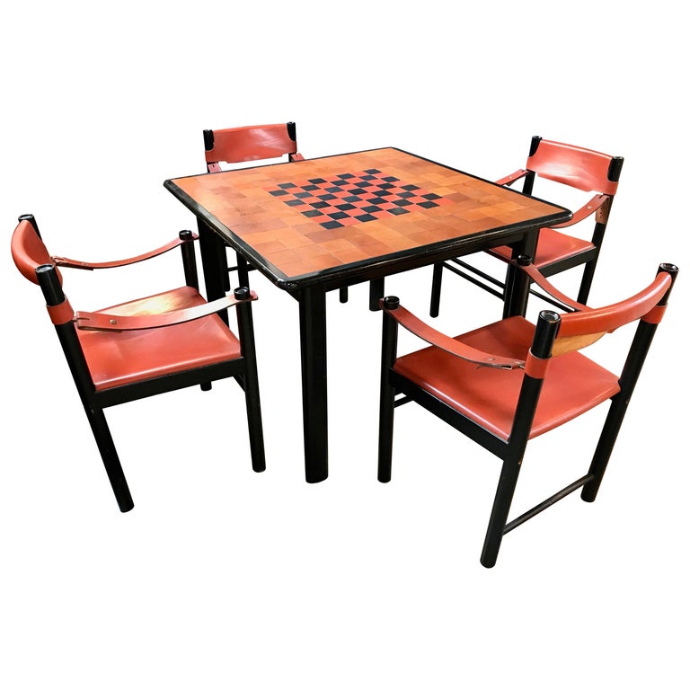 Italian Leather Game Dining Table With, Leather Game Table Chairs