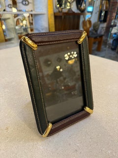 Italian Leather Picture Frame with Gilt Metal Corner Accents, 1970s