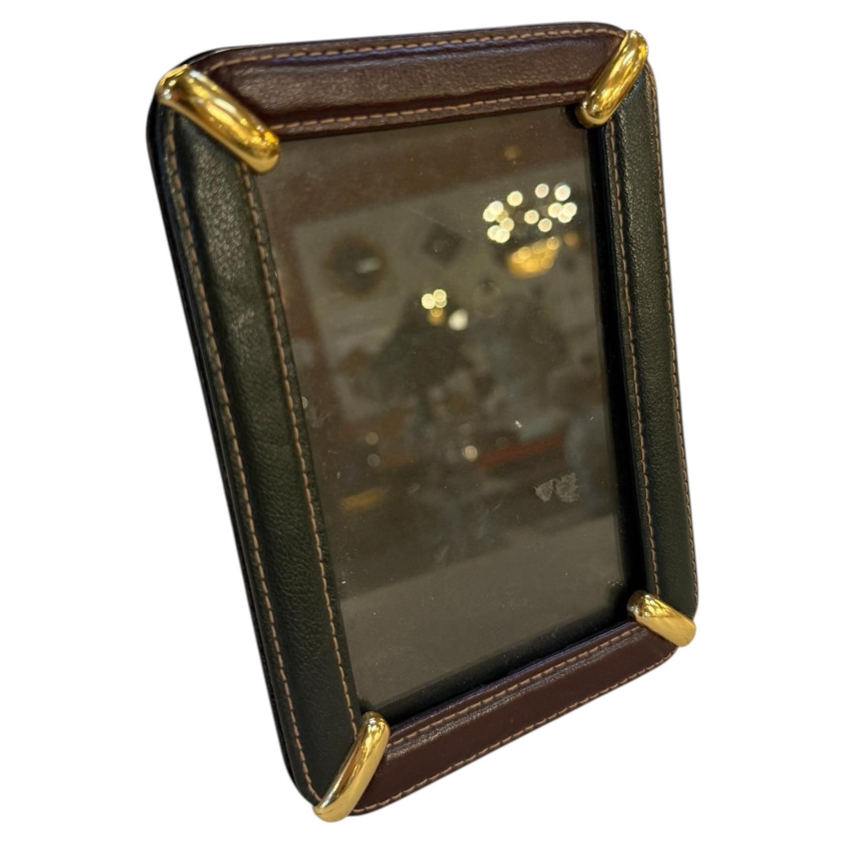 Italian Leather Picture Frame with Gilt Metal Corner Accents, 1970s