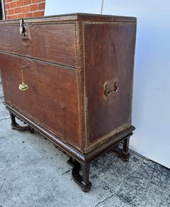 Italian Leather Storage Chest with Nailhead Trim on Custom Walnut Stand — Circa