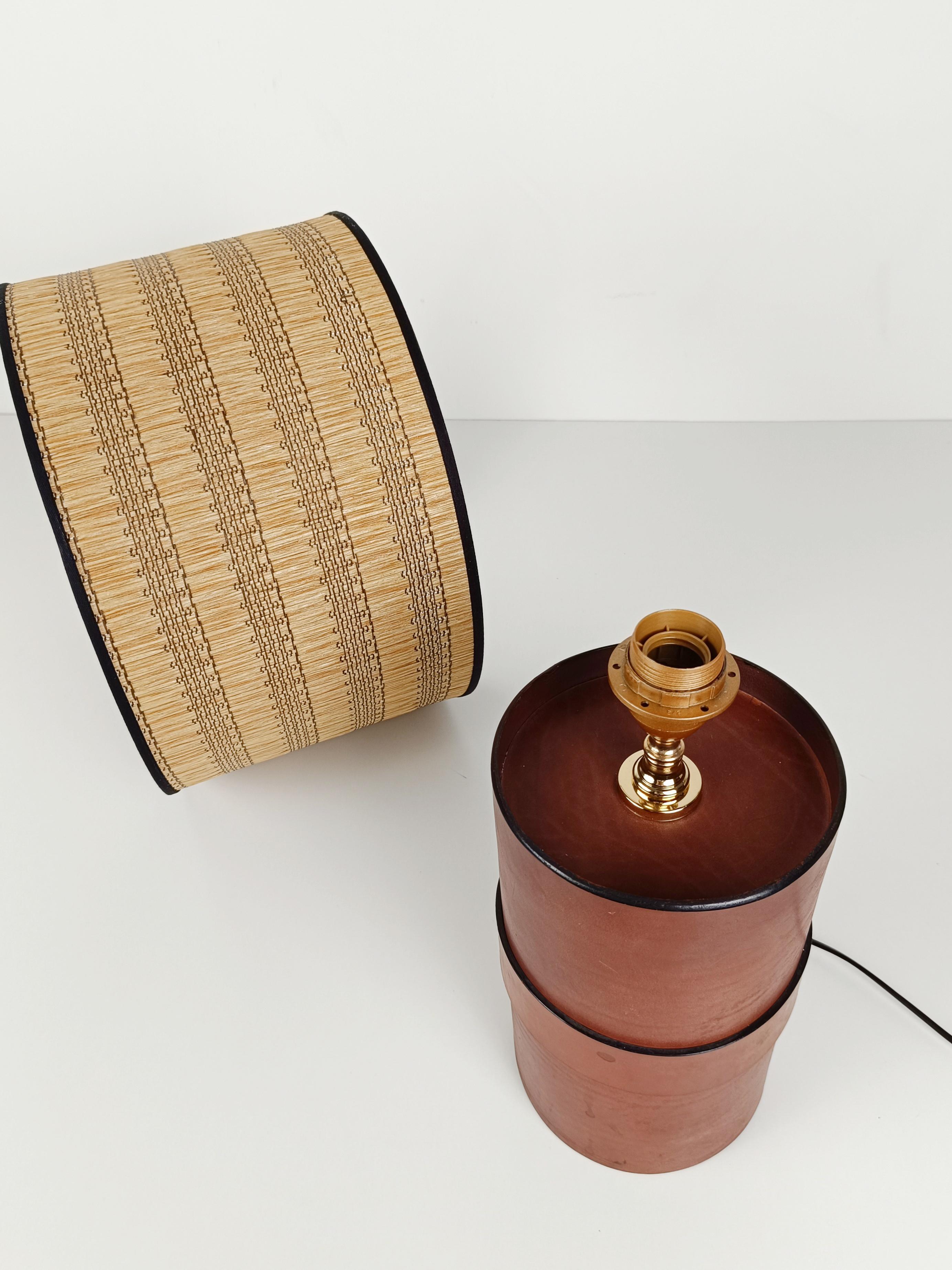 Italian Leather Table Lamp with Wicker Shade in the style of Jacques  Adnet, 70s 5