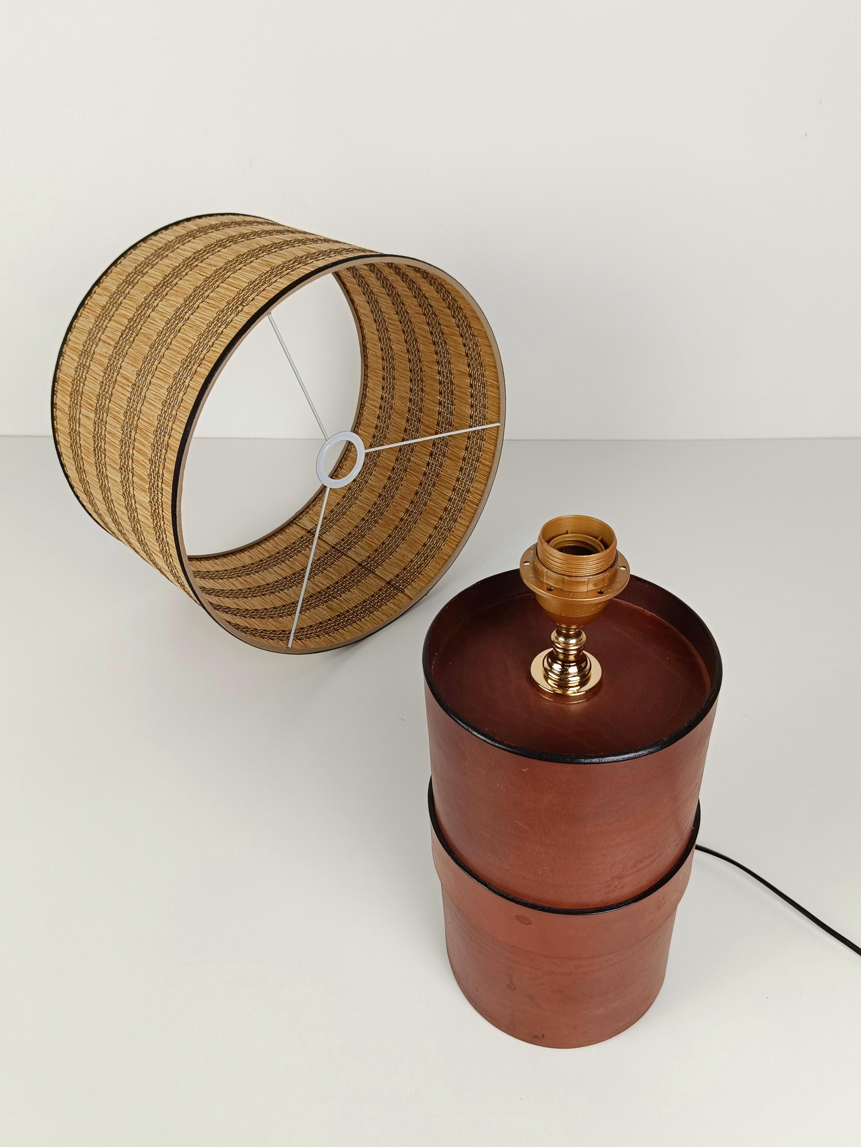 Italian Leather Table Lamp with Wicker Shade in the style of Jacques  Adnet, 70s 7
