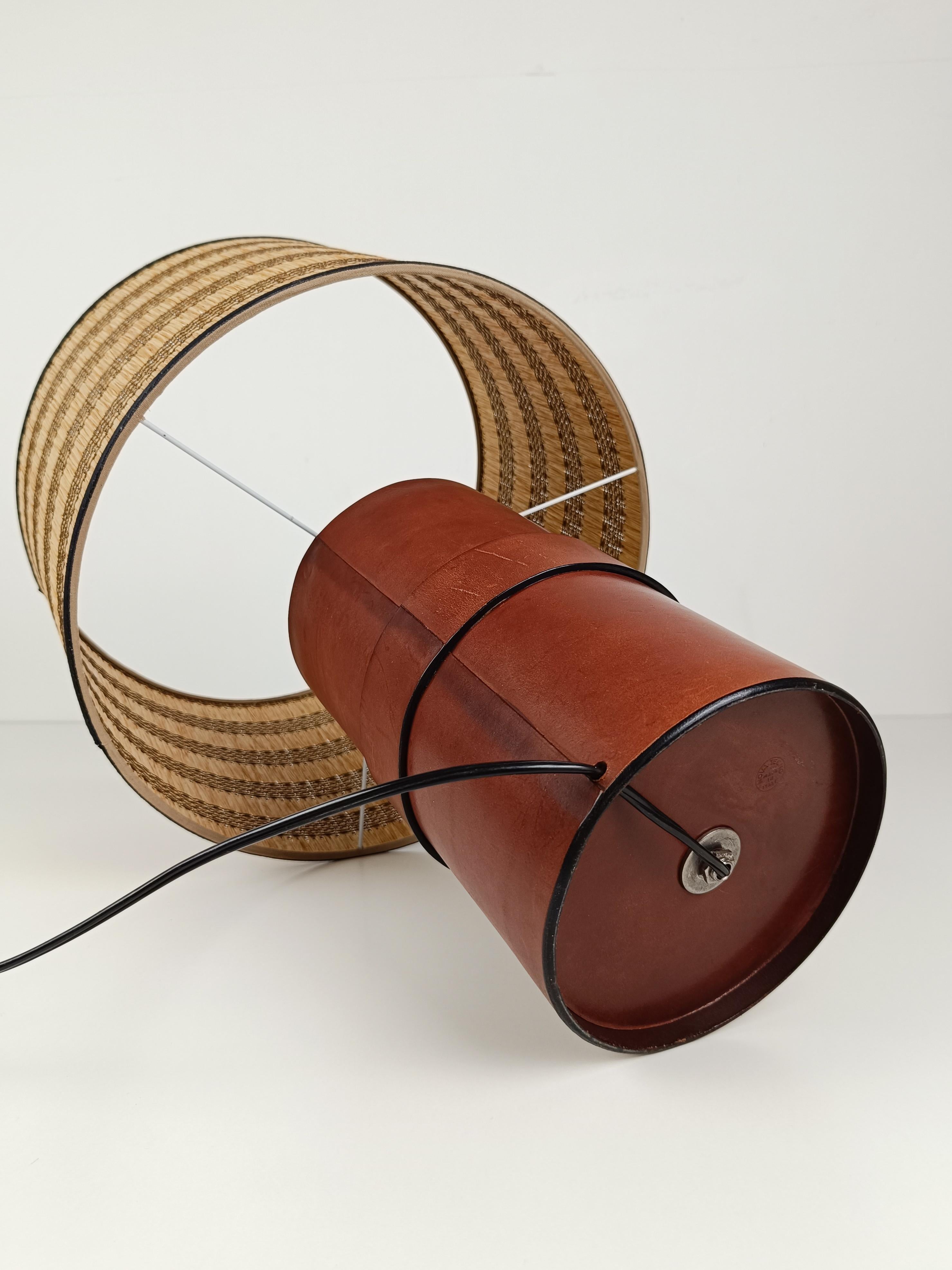Italian Leather Table Lamp with Wicker Shade in the style of Jacques  Adnet, 70s 9