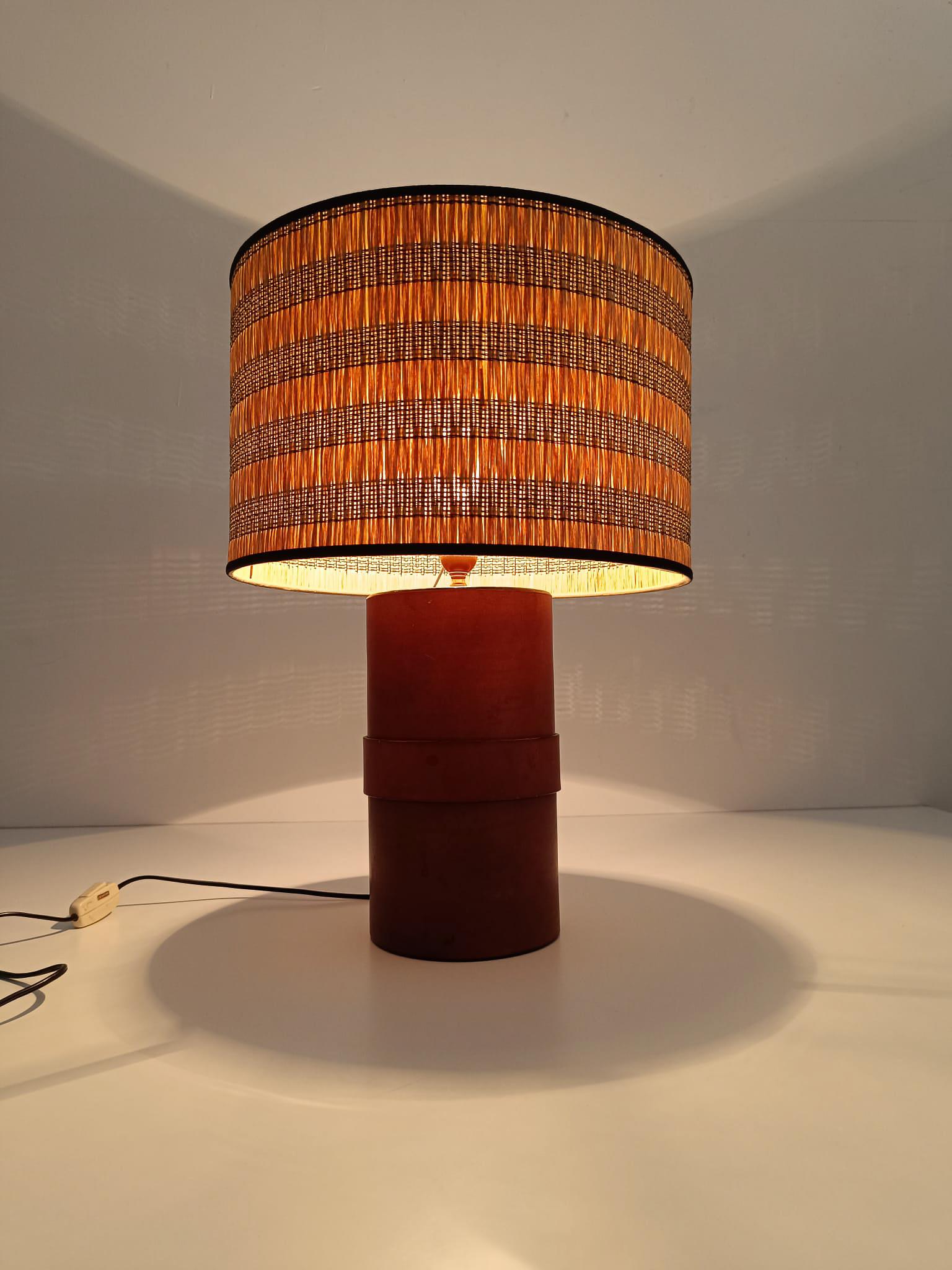 Italian Leather Table Lamp with Wicker Shade in the style of Jacques  Adnet, 70s 12