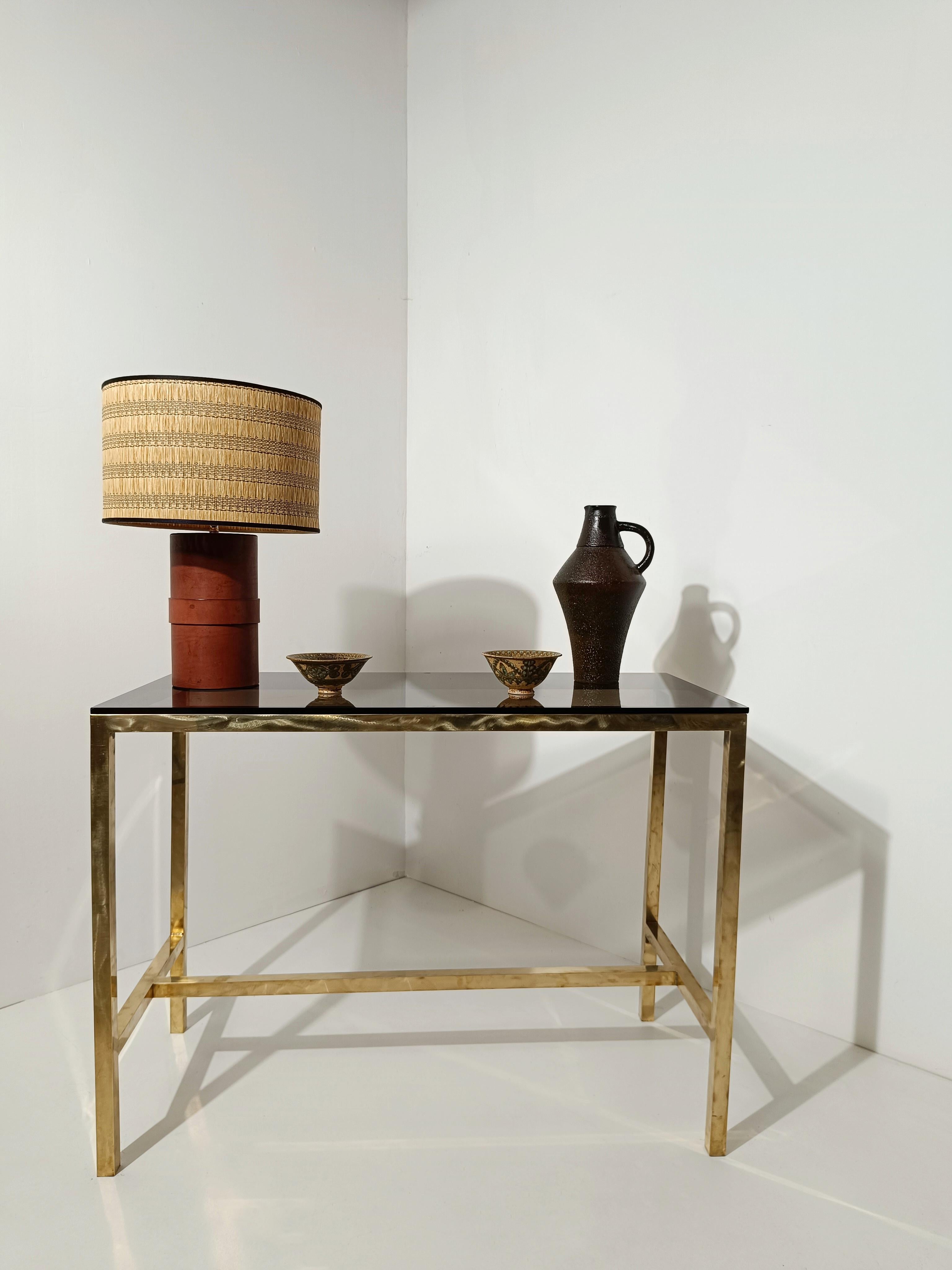Mid-Century Modern Italian Leather Table Lamp with Wicker Shade in the style of Jacques  Adnet, 70s