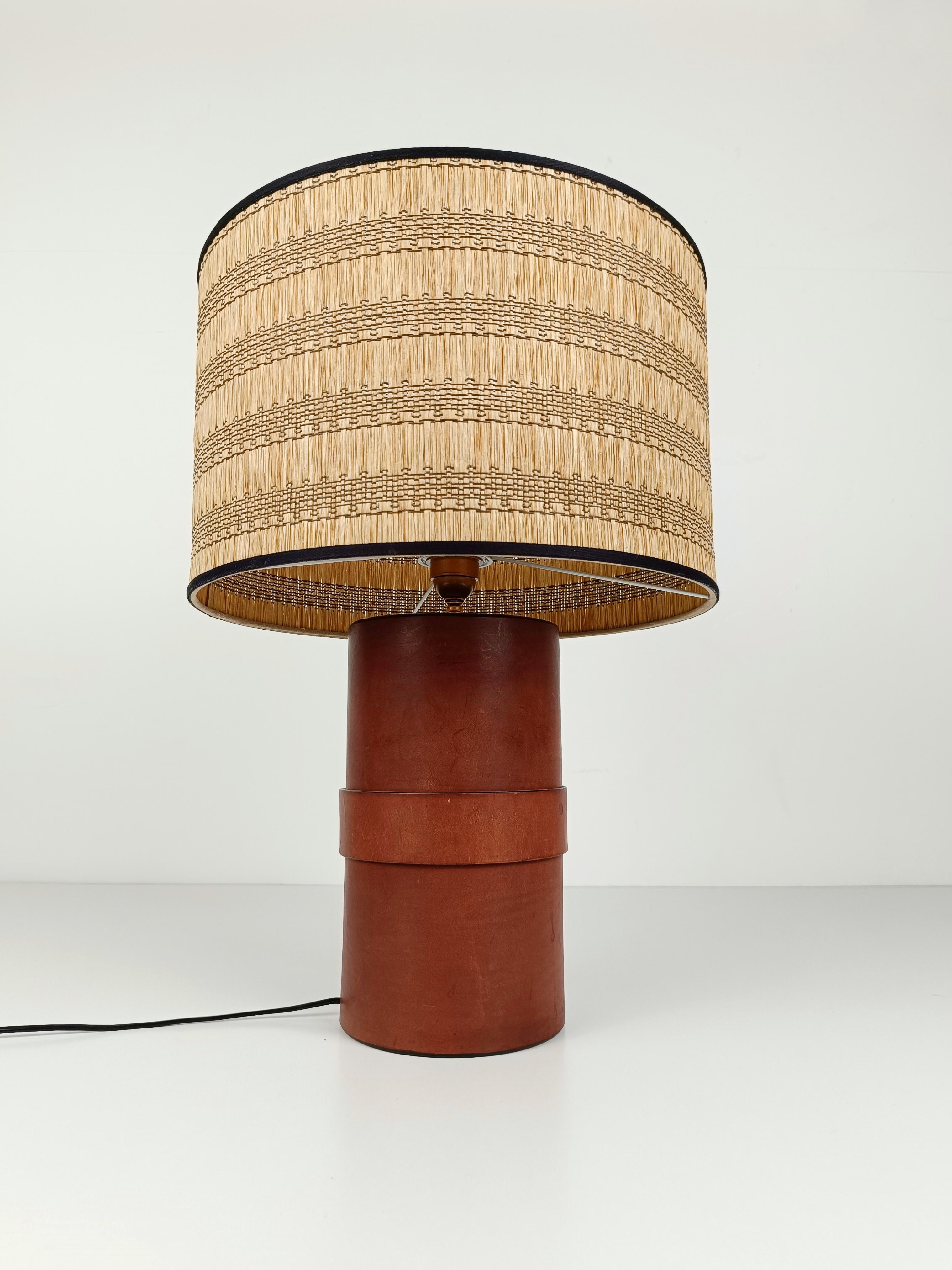 20th Century Italian Leather Table Lamp with Wicker Shade in the style of Jacques  Adnet, 70s